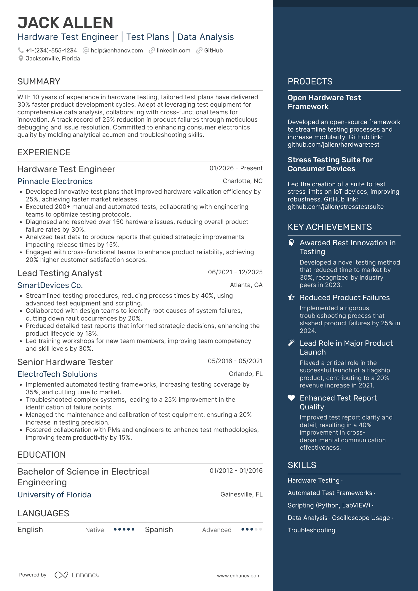 A resume example of a Hardware Test Engineer