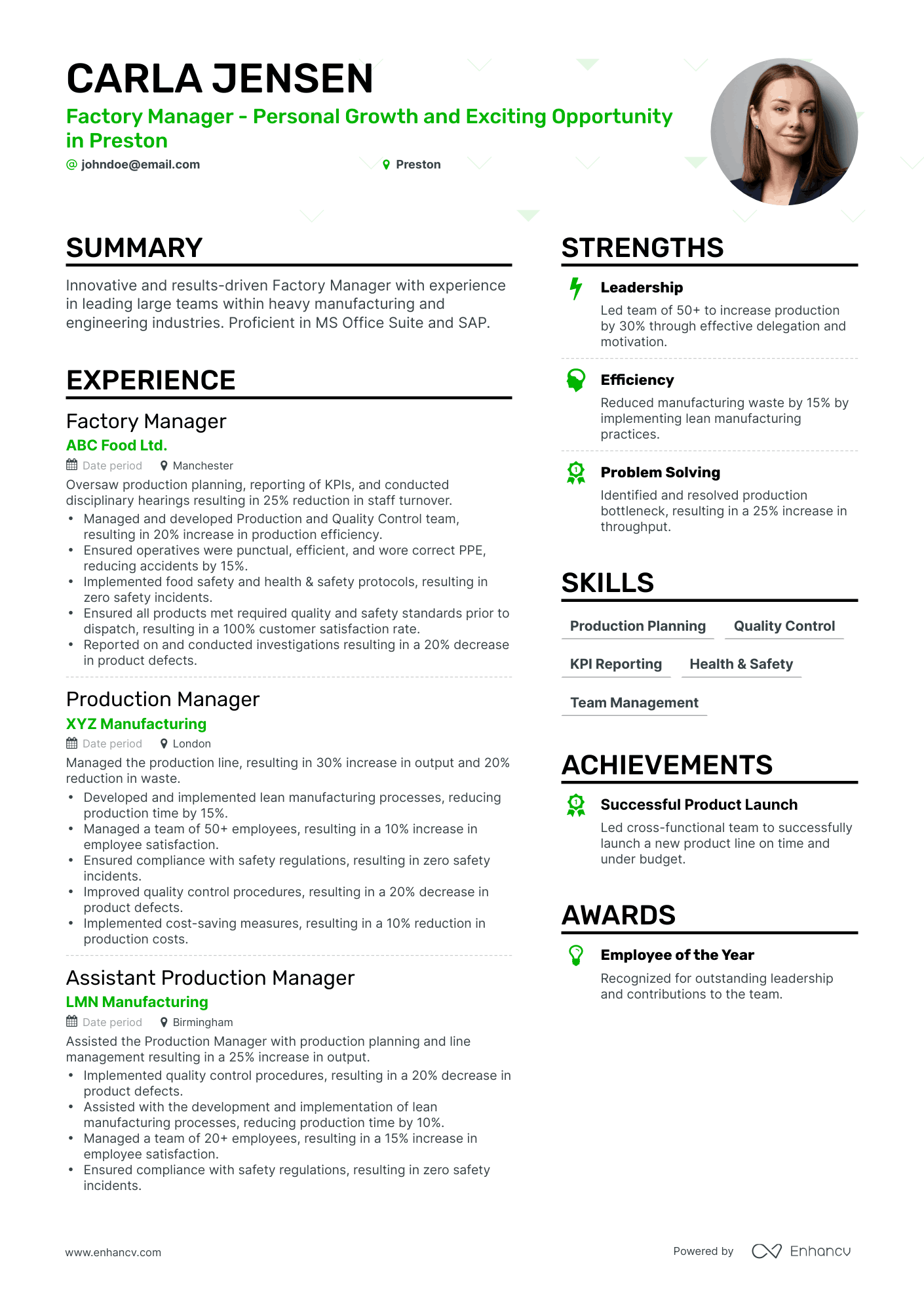 Simple Factory Manager Resume Template