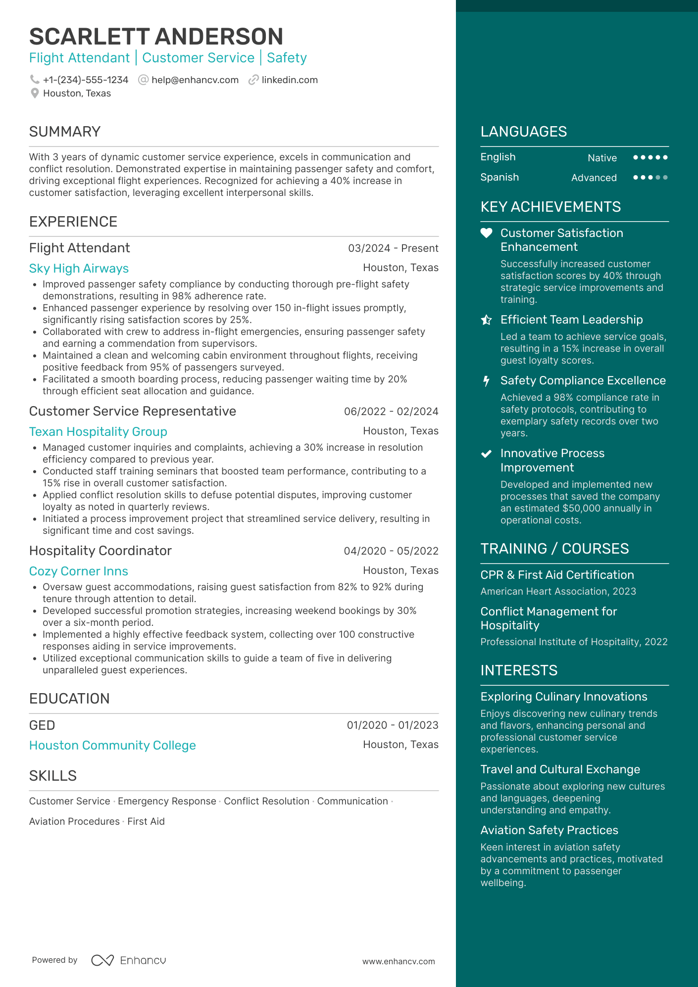 A resume example of a Airline Hostess