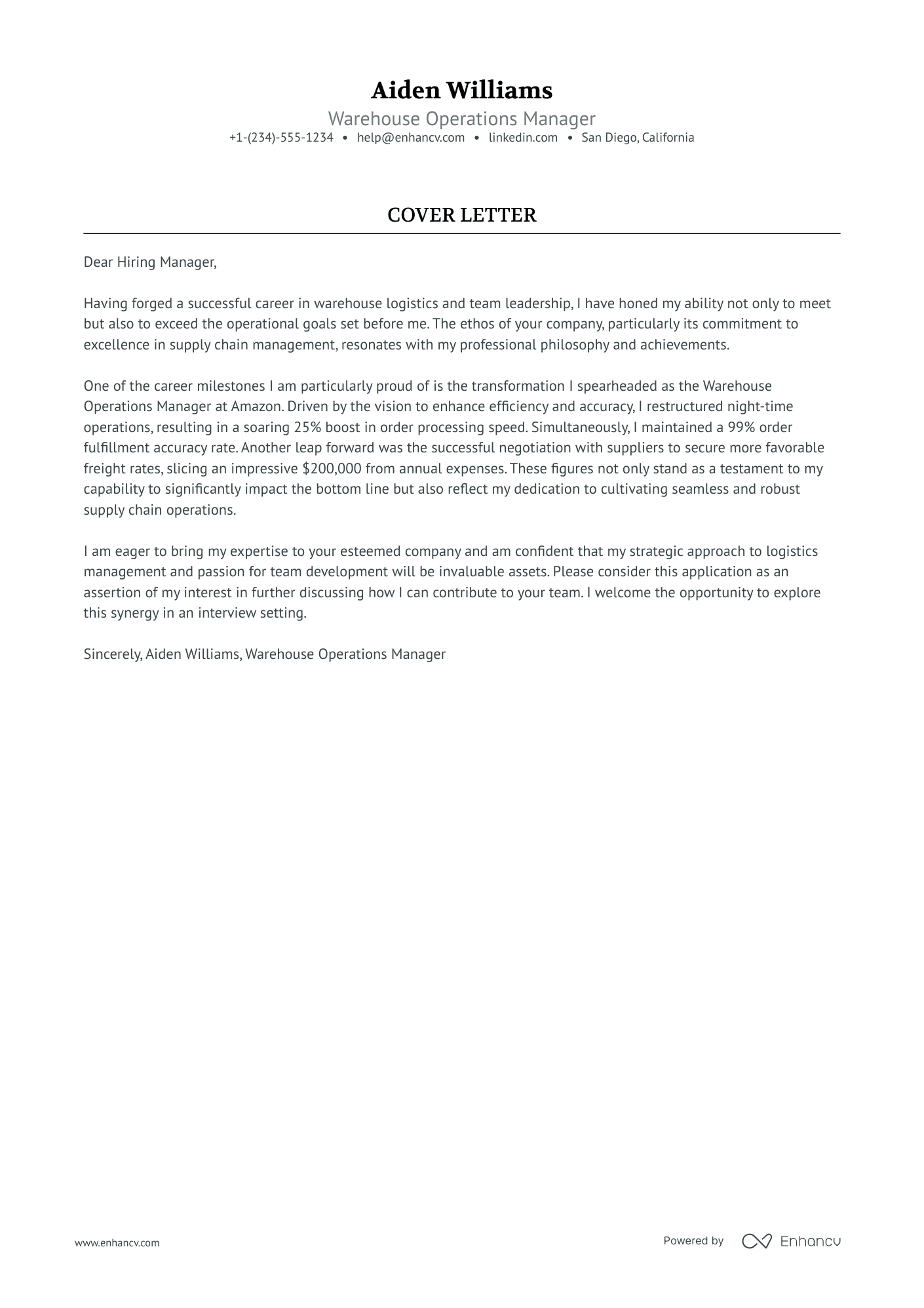 cover letter example for warehouse job