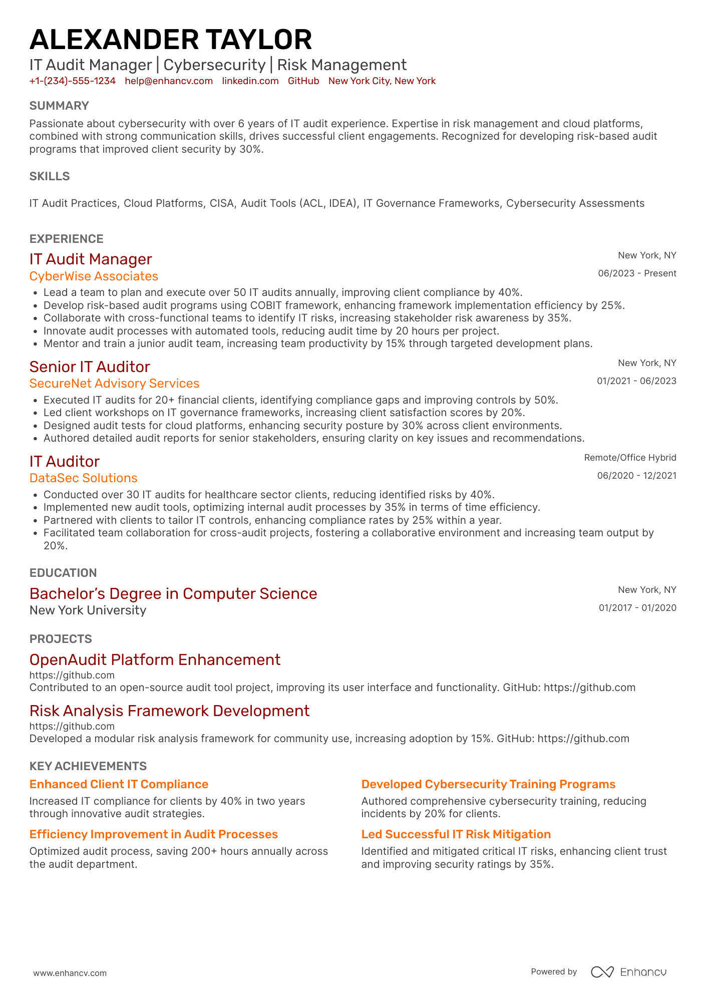 A resume example of a IT Audit Manager