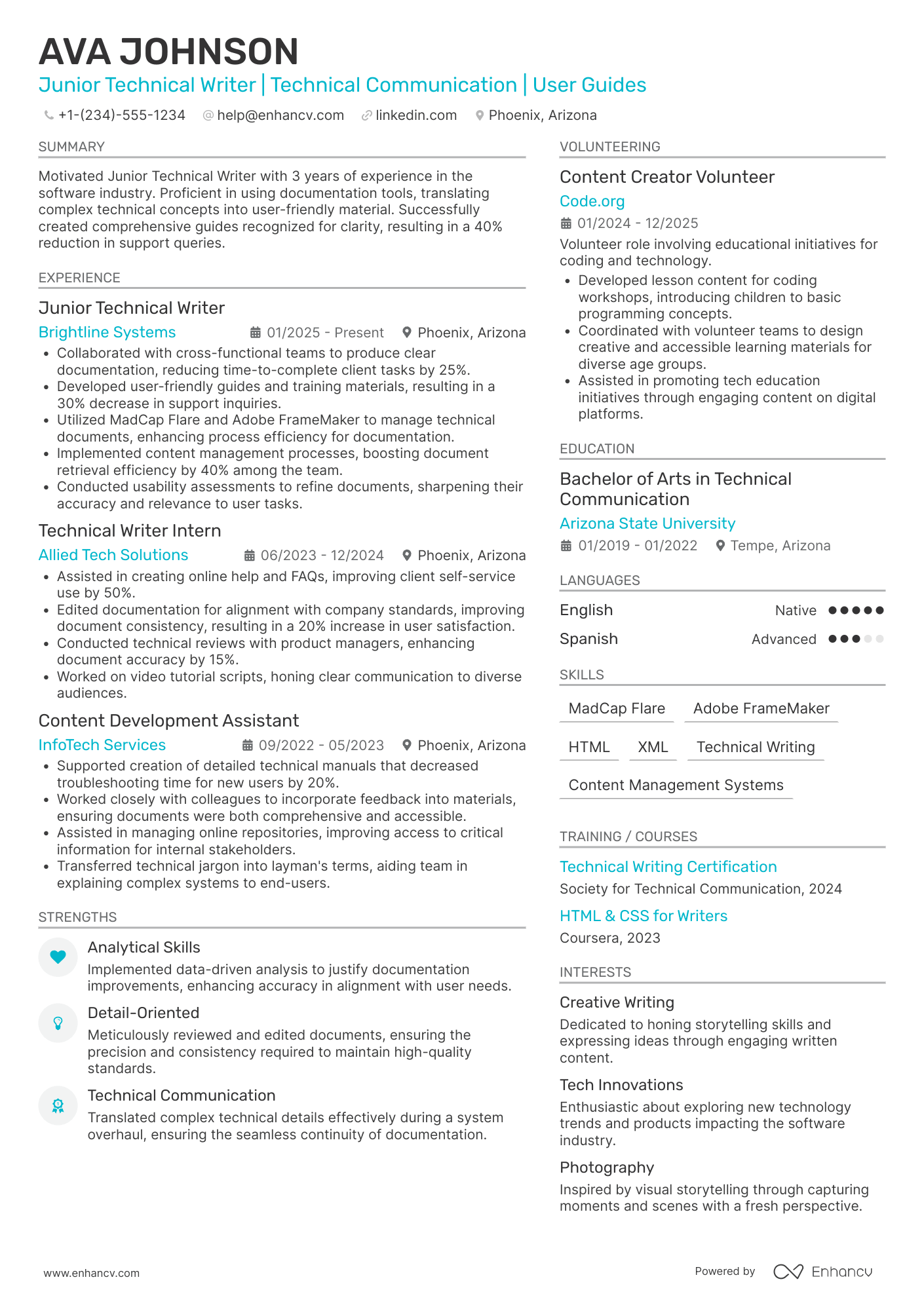 A resume example of a Junior Technical Writer