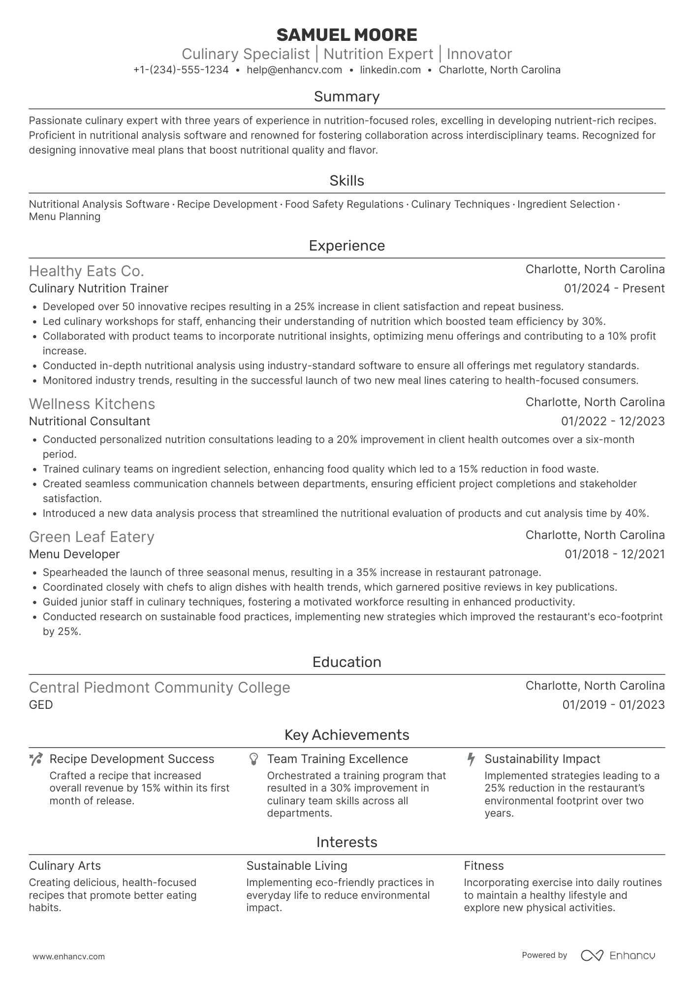 A resume example of a Culinary Nutritionist