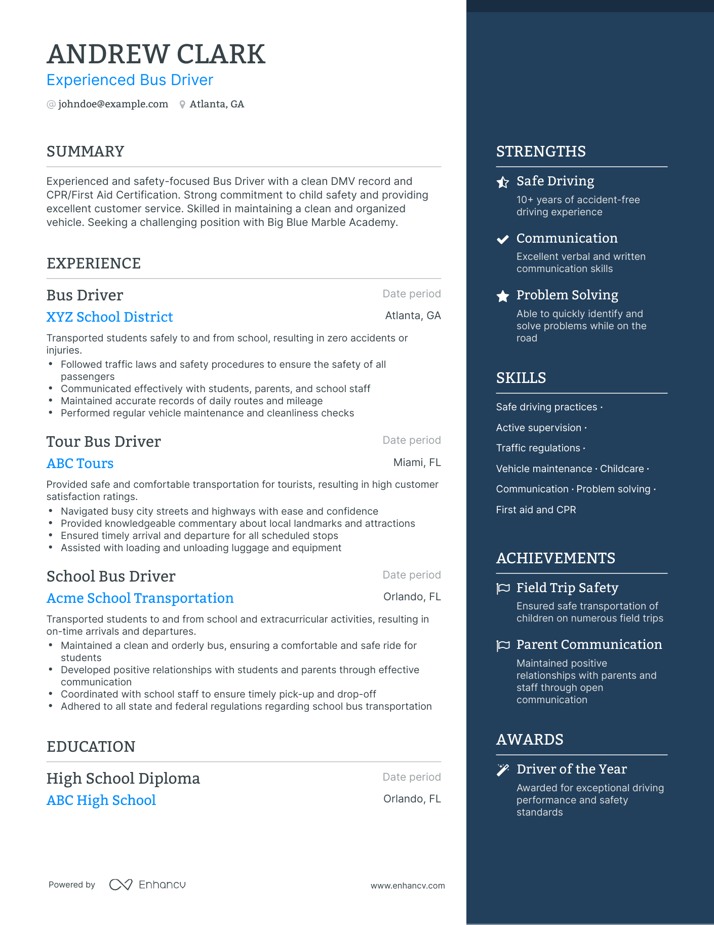 One Page Bus Driver Resume Template