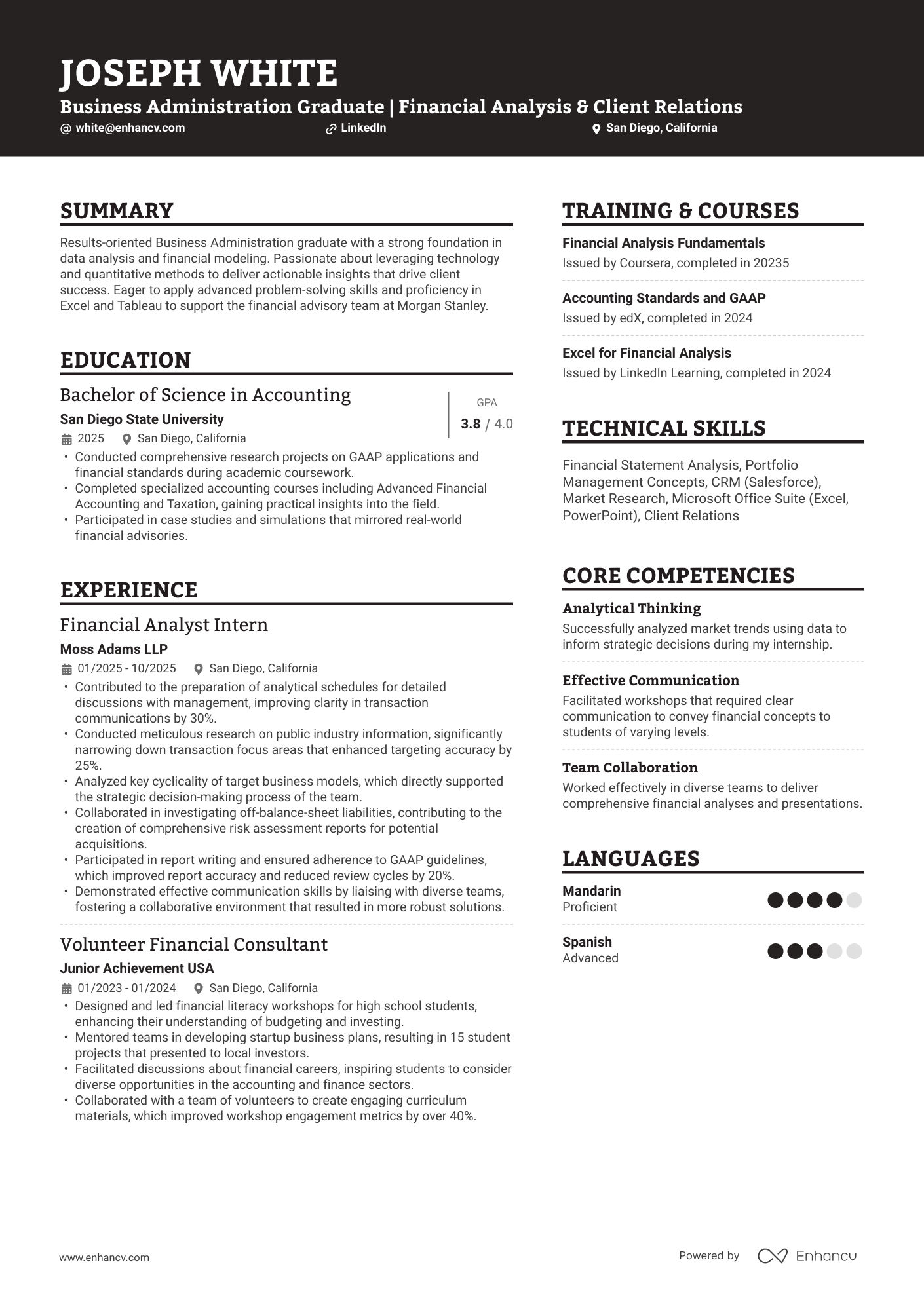 A resume example of a Business Administration College Student