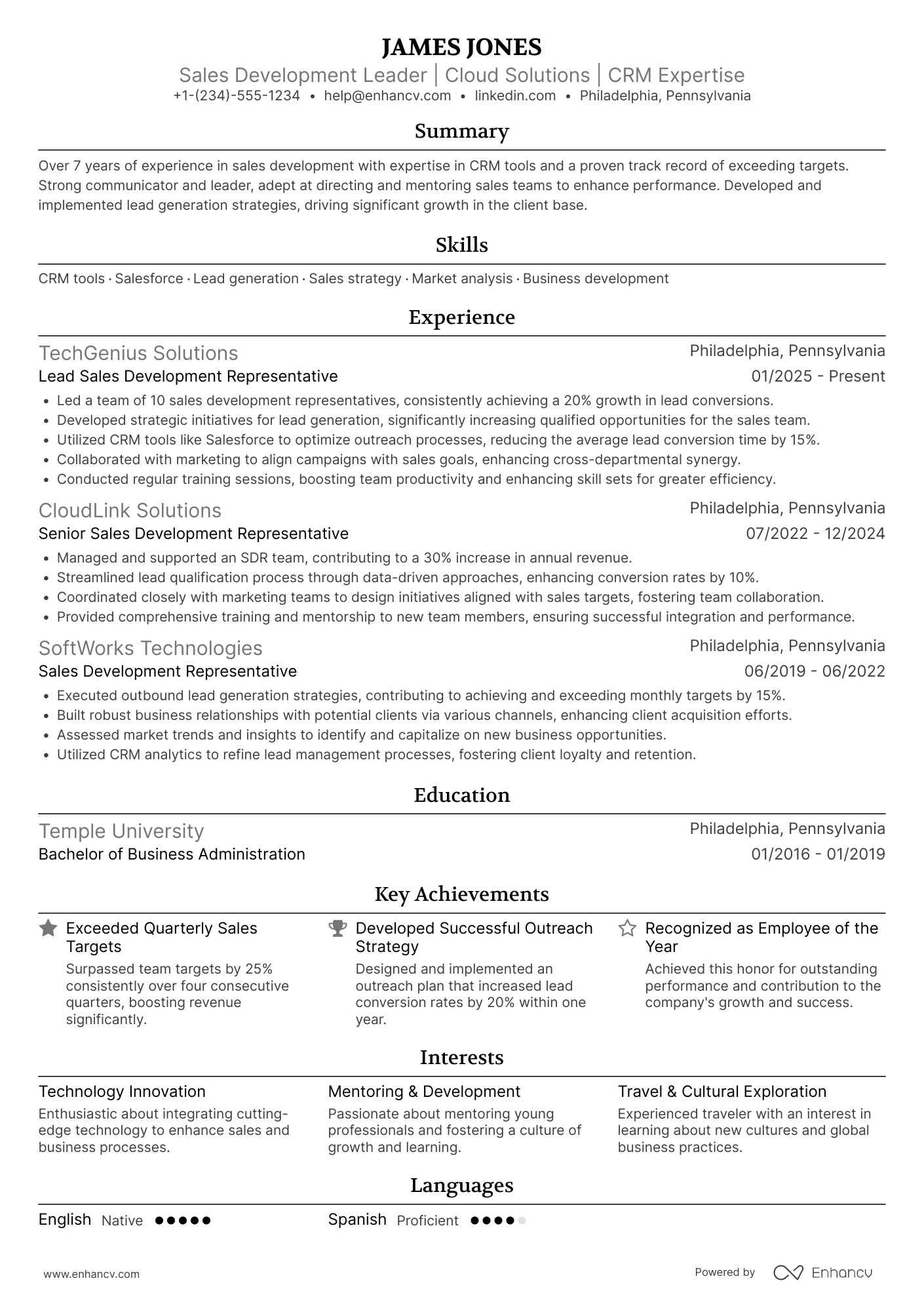 A resume example of a Lead Sales Development Representative