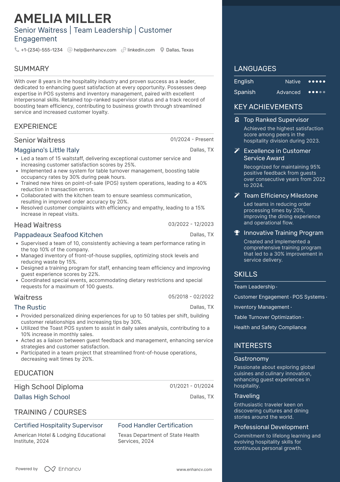 A resume example of a Head Waitress