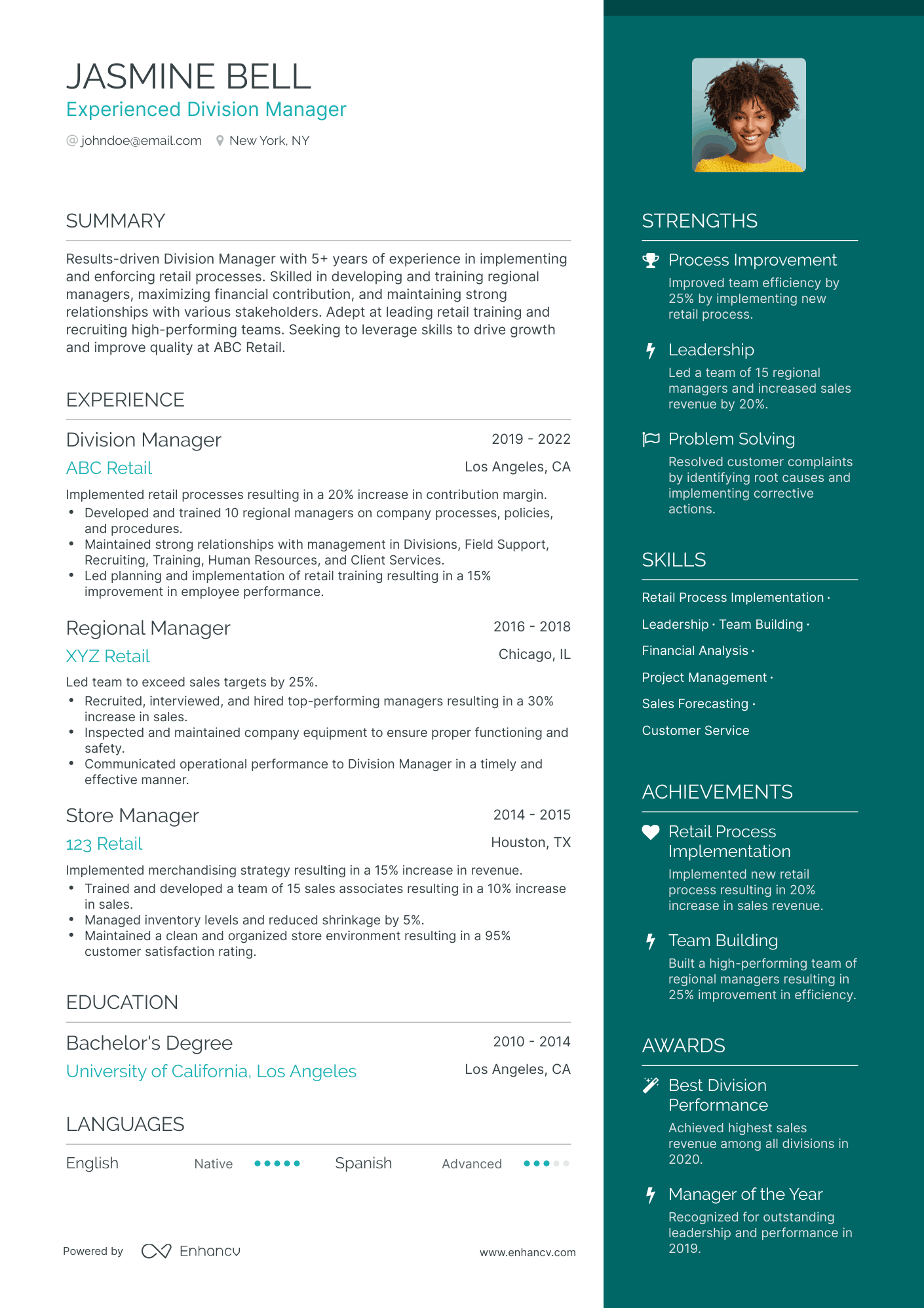 A resume example of a Division Manager
