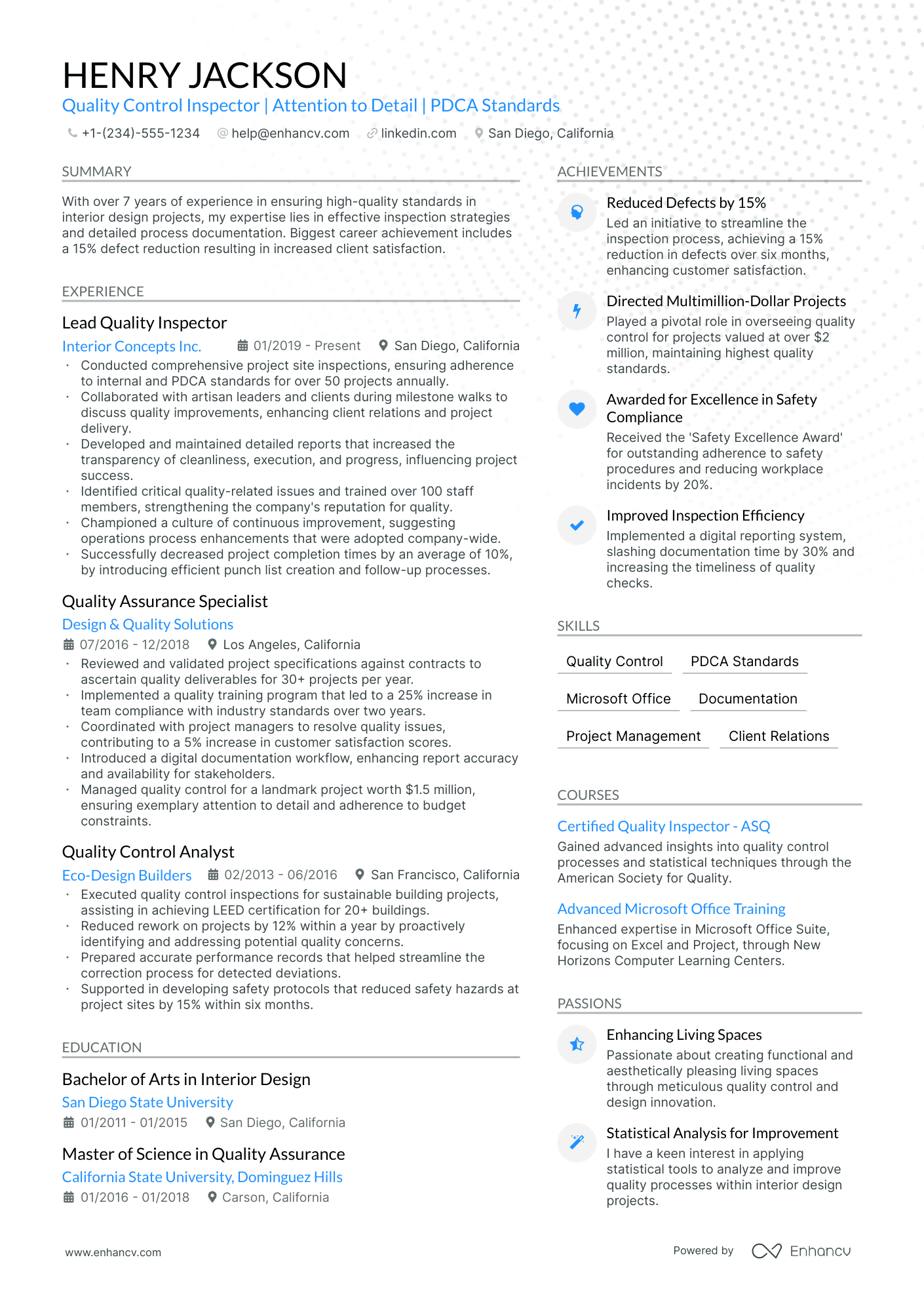 resume sample for quality control inspector