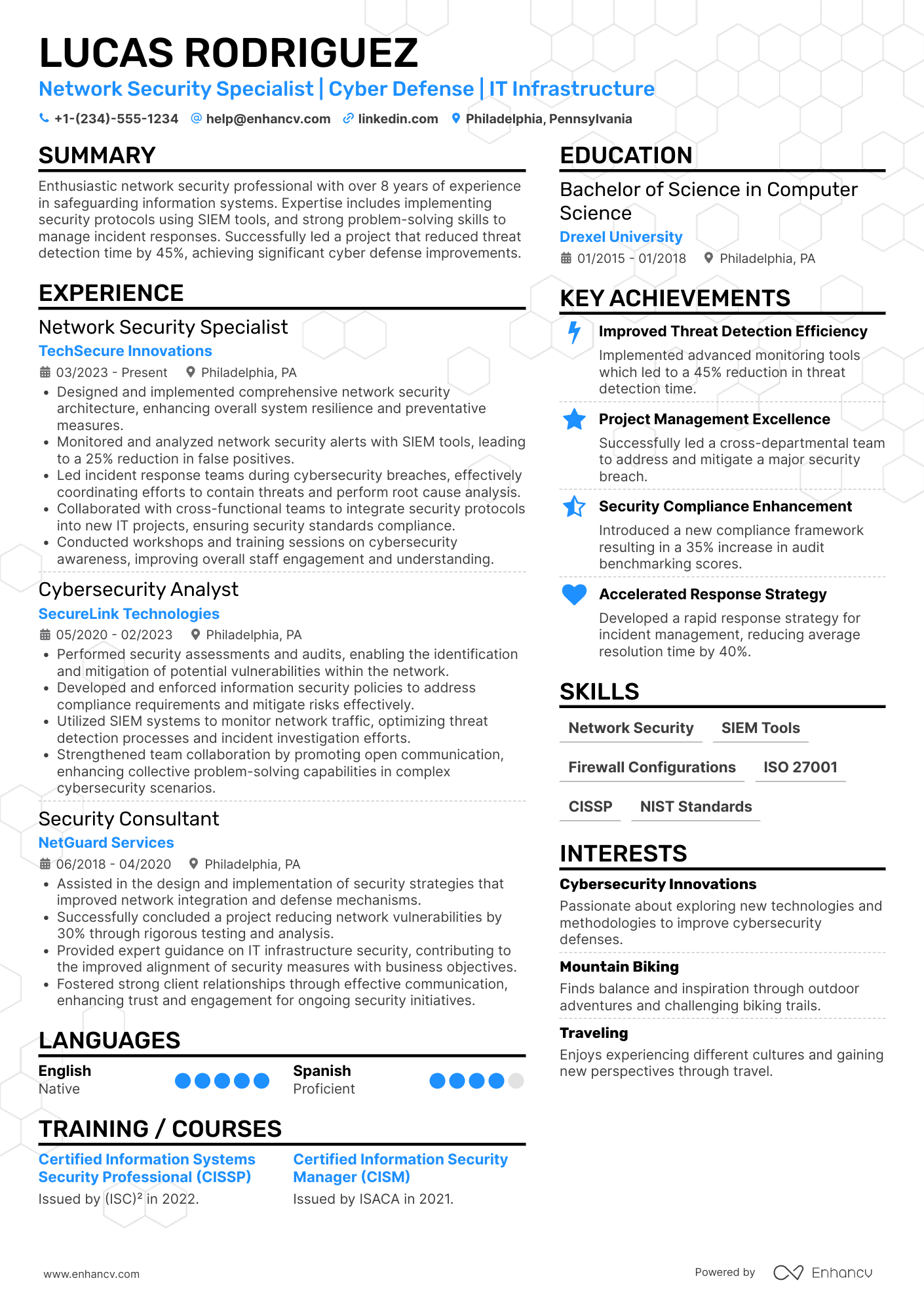 A resume example of a Network Security Officer