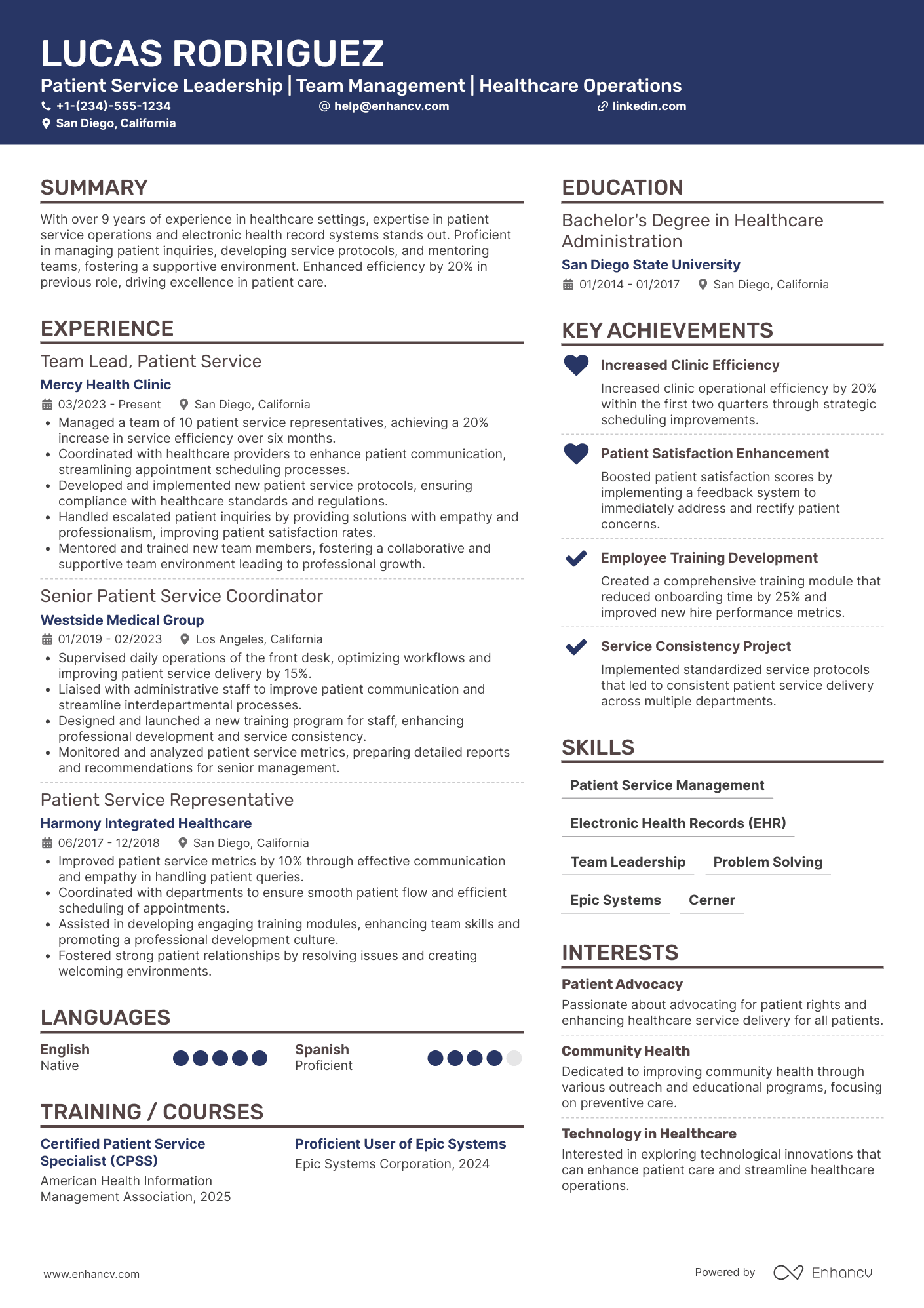 A resume example of a Lead Patient Service Representative