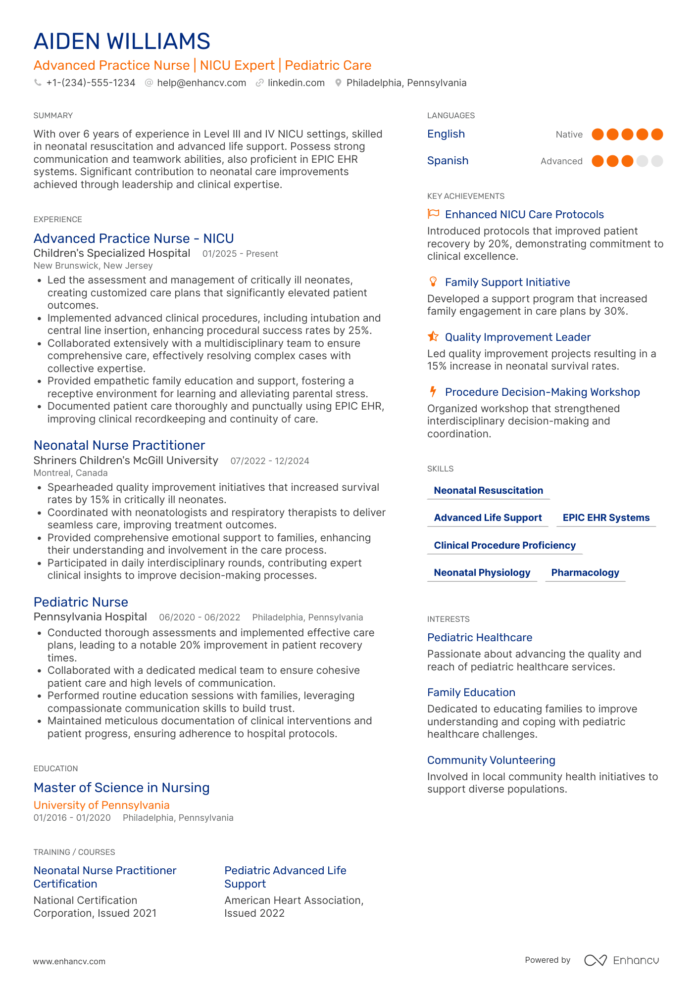 A resume example of a NICU Advanced Practice Nurse (APN)