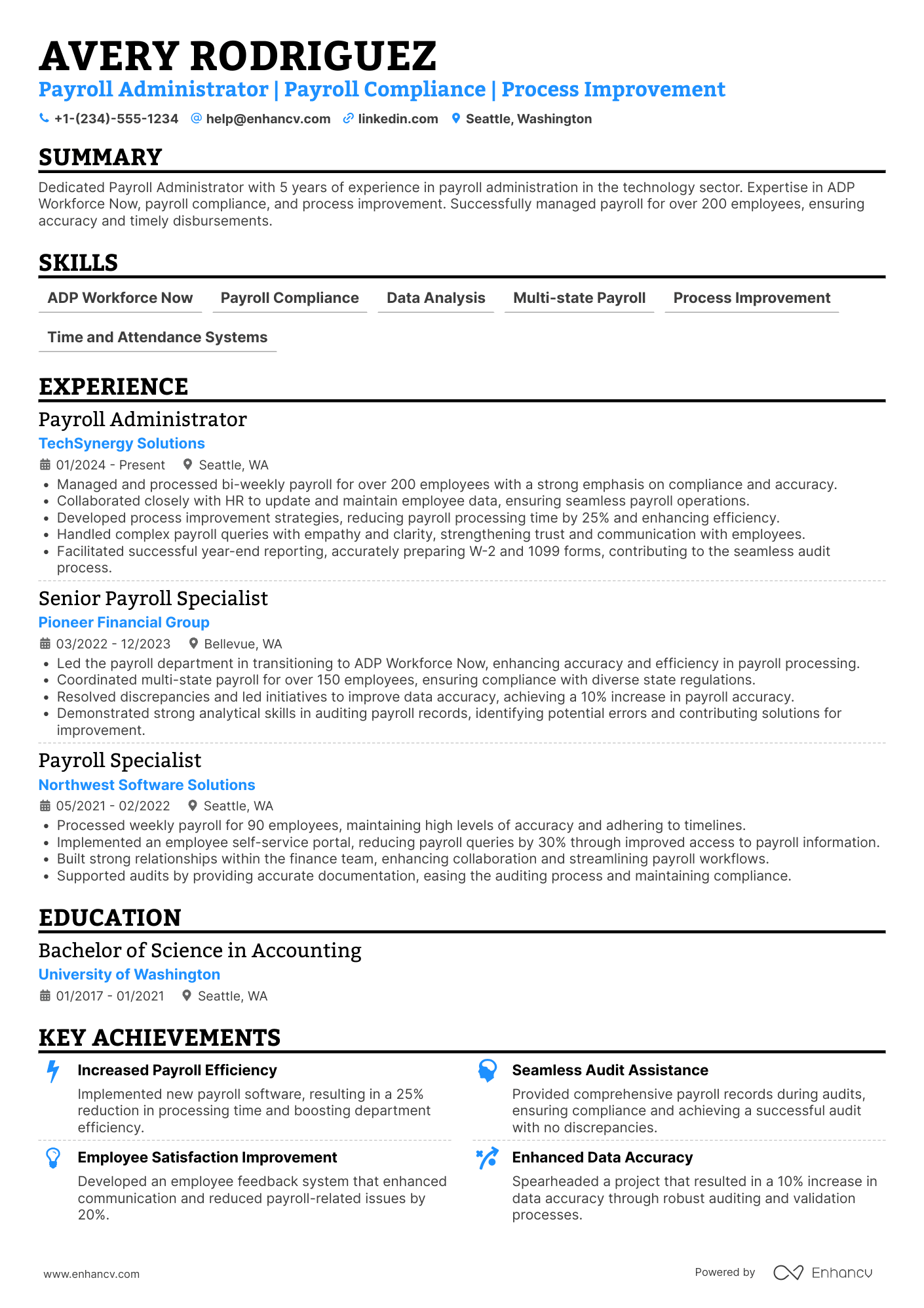 A resume example of a Payroll Administrator