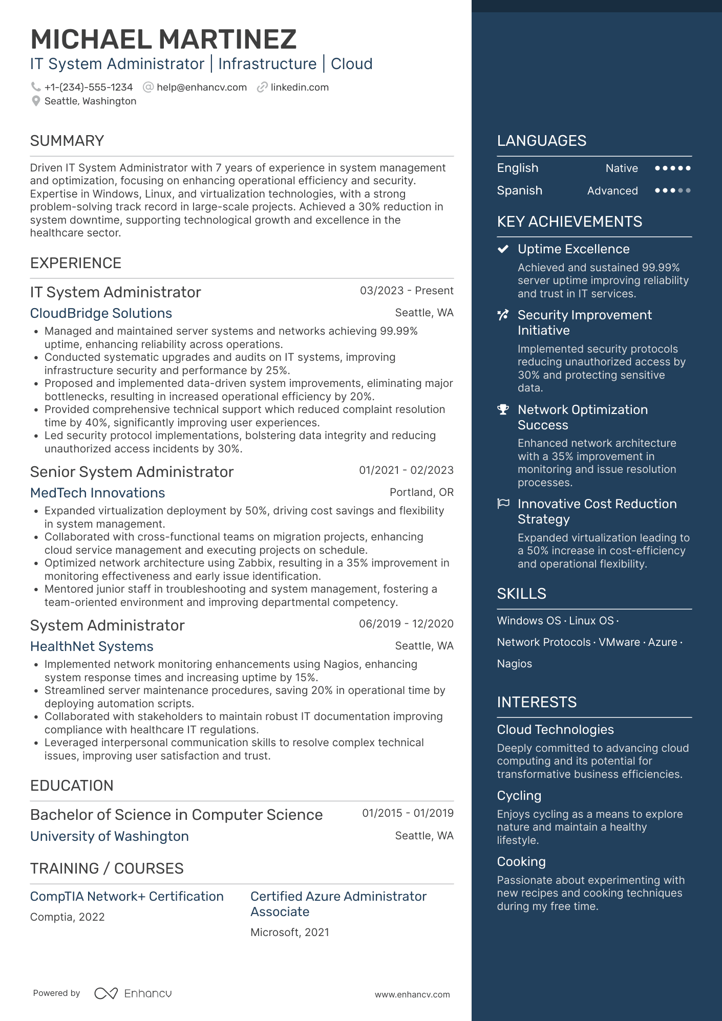 A resume example of a IT System Administrator