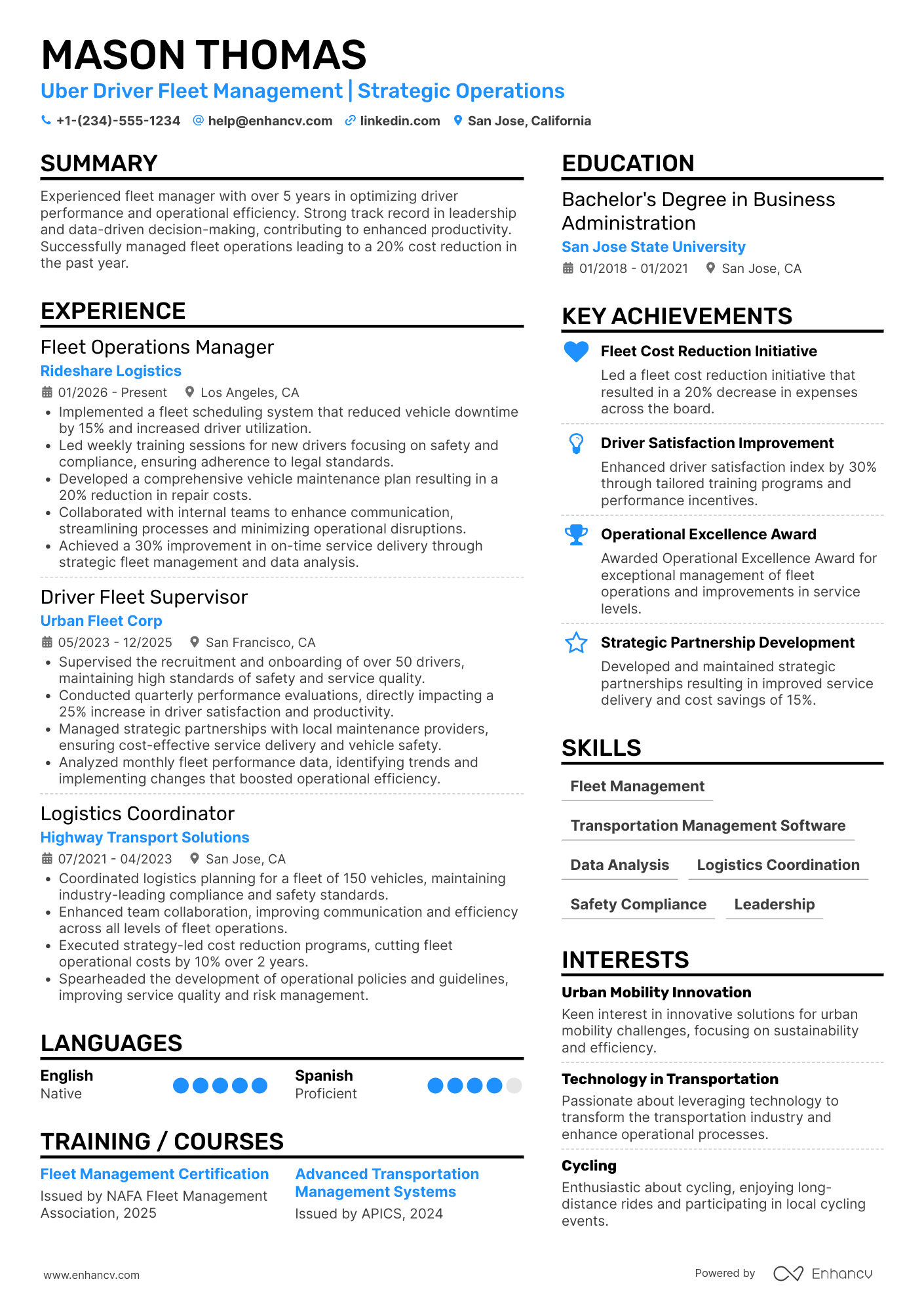 A resume example of a Uber Driver Fleet Manager