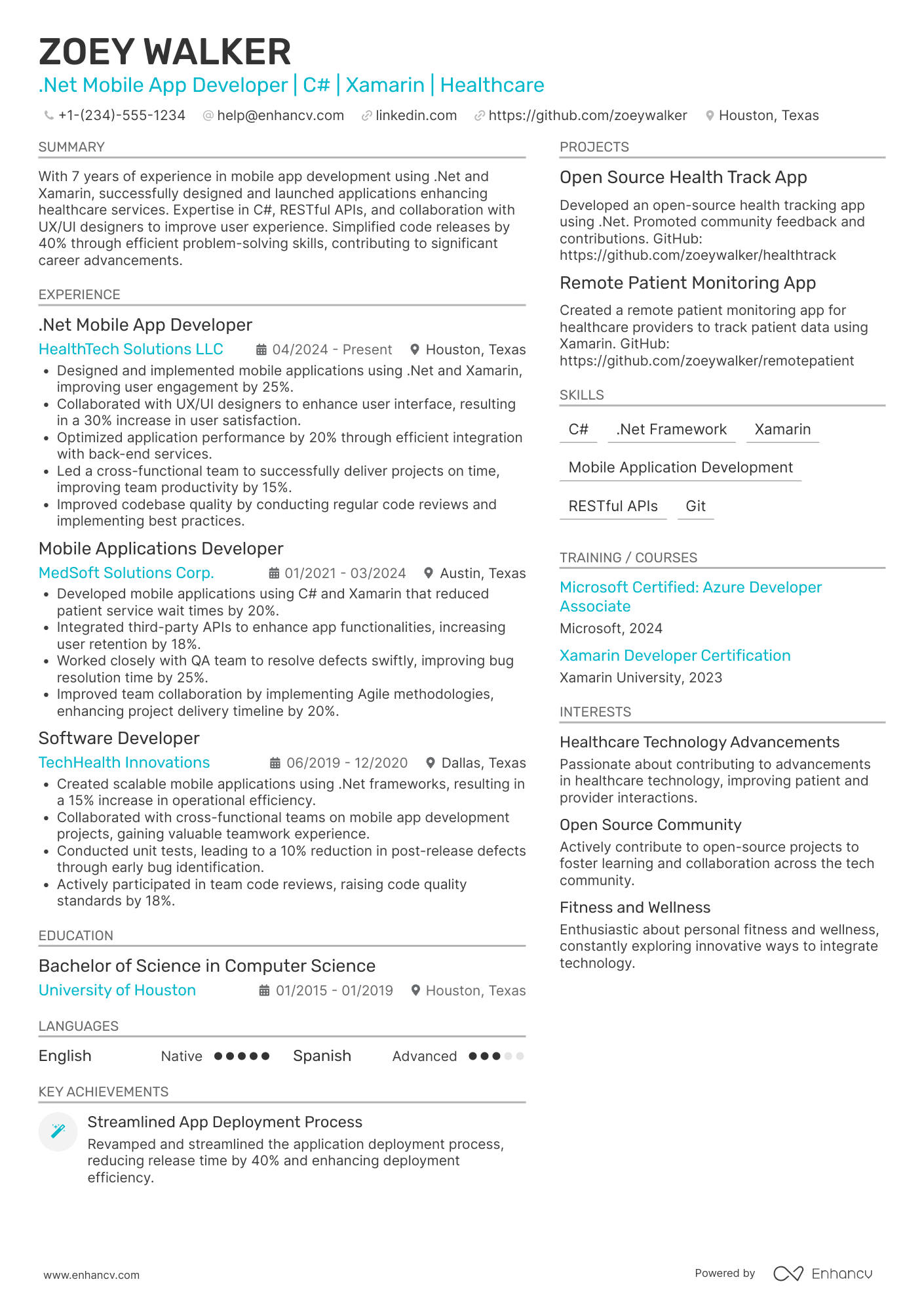 A resume example of a .Net Mobile App Developer