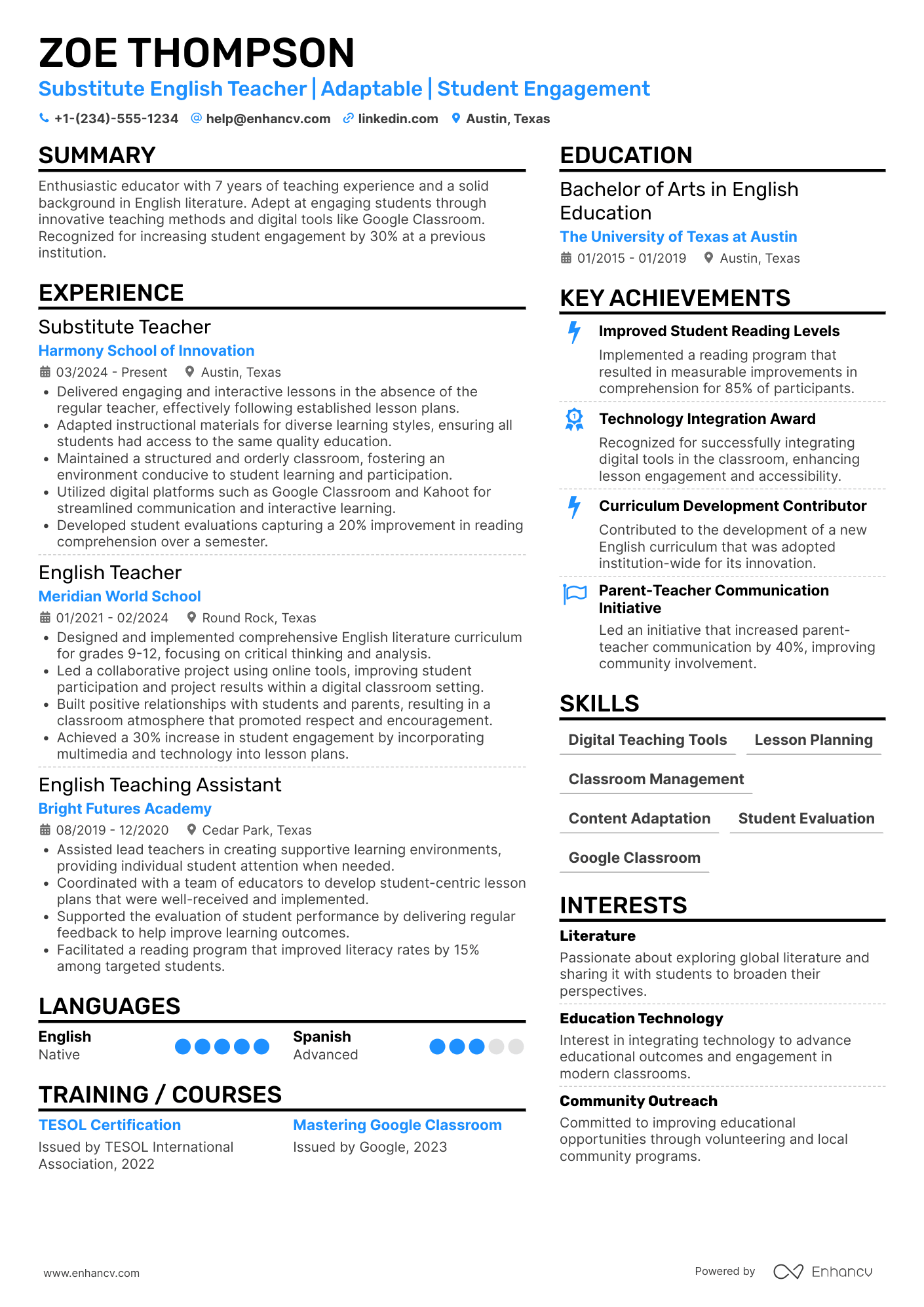 A resume example of a Substitute English Teacher