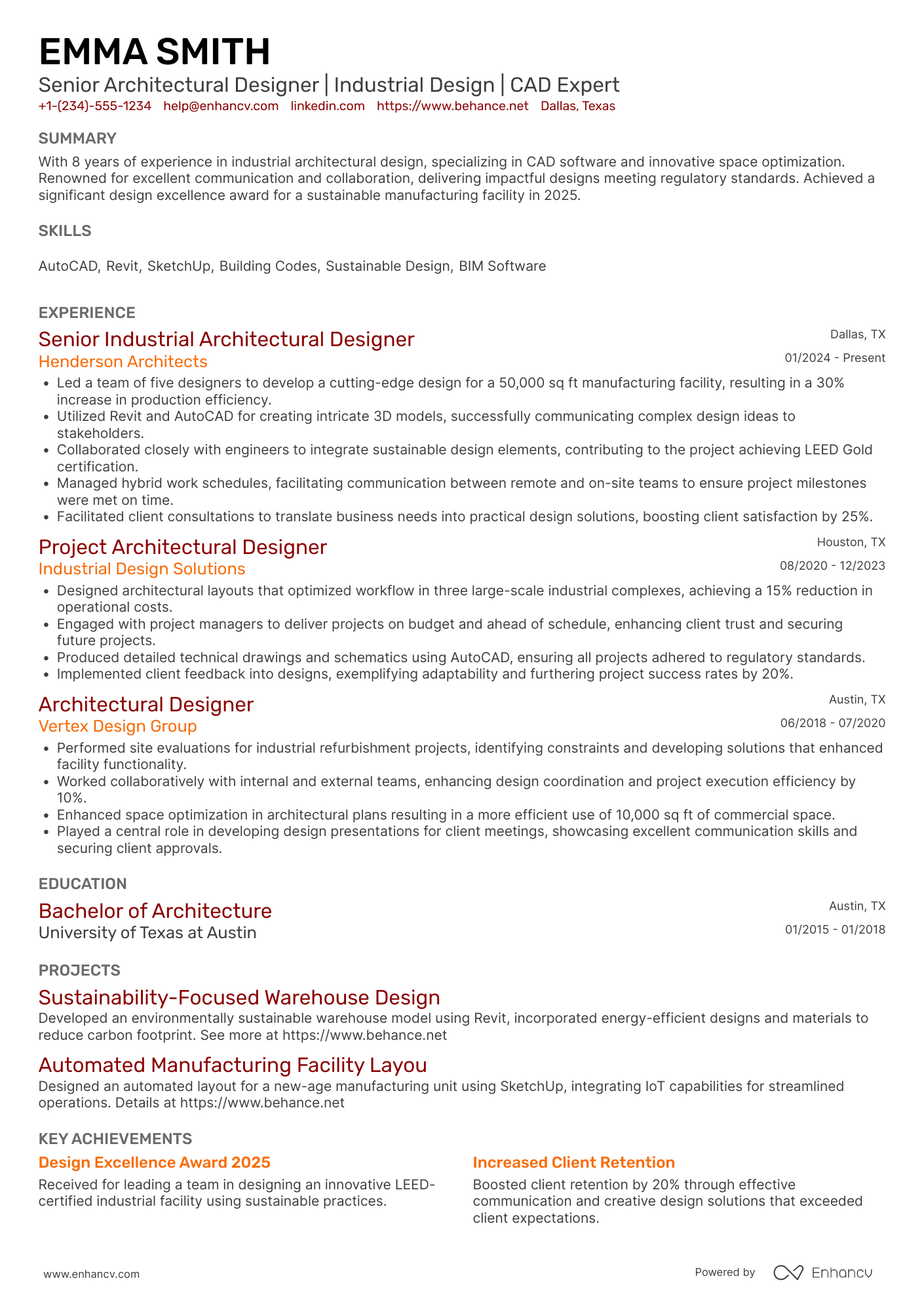 A resume example of a Industrial Architectural Designer