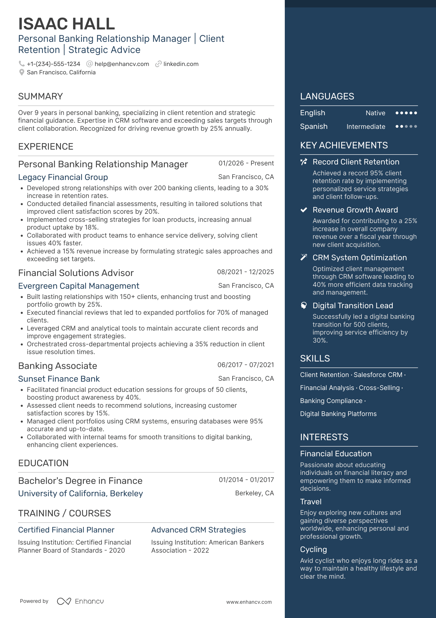 A resume example of a Personal Banking Relationship Manager