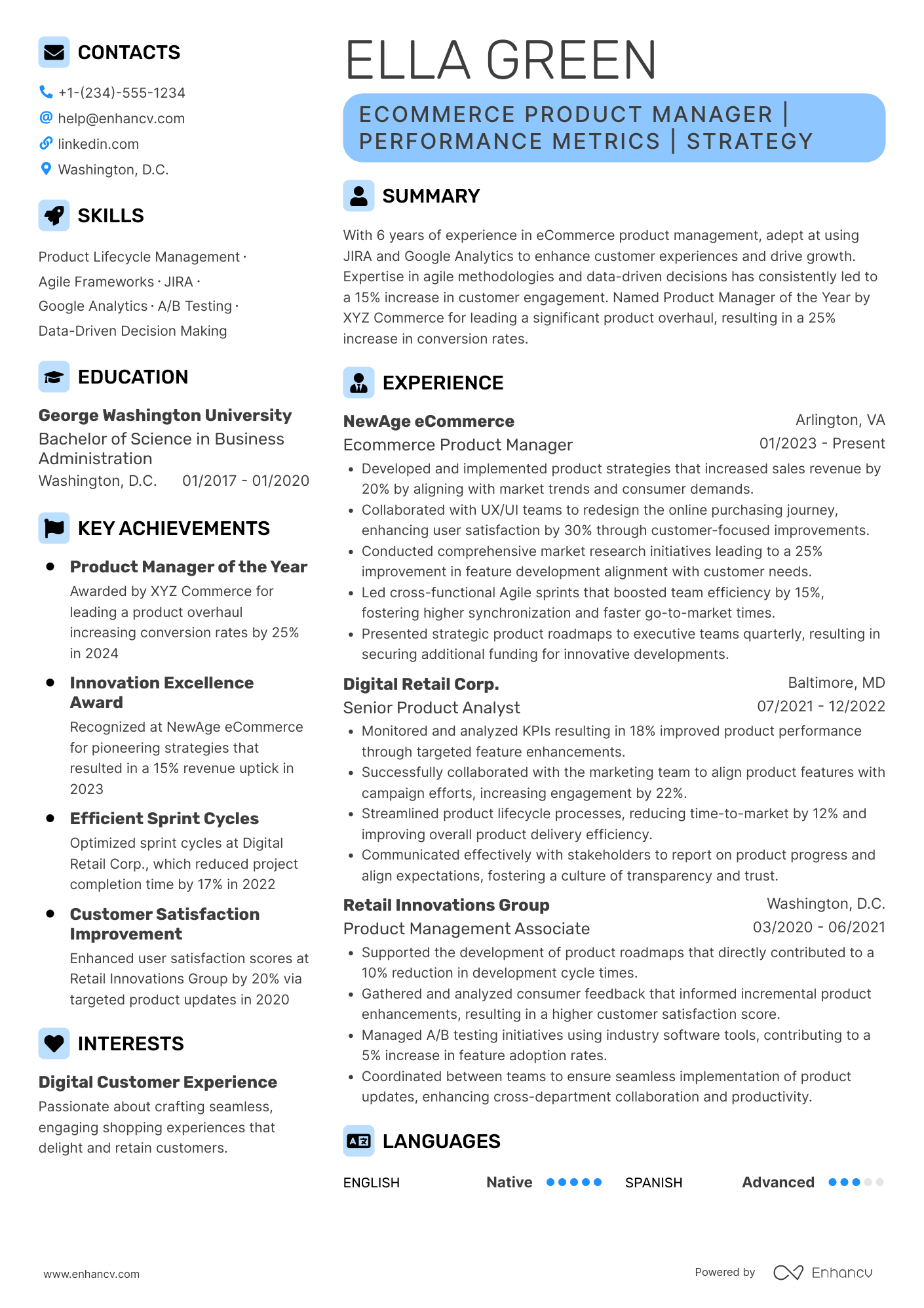 A resume example of a Ecommerce Product Manager