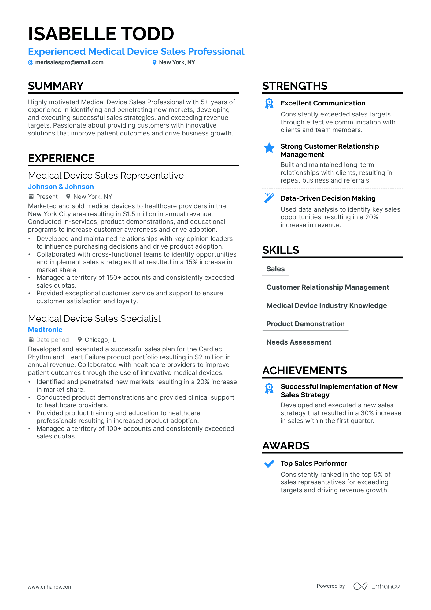 A resume example of a Medical Device Sales