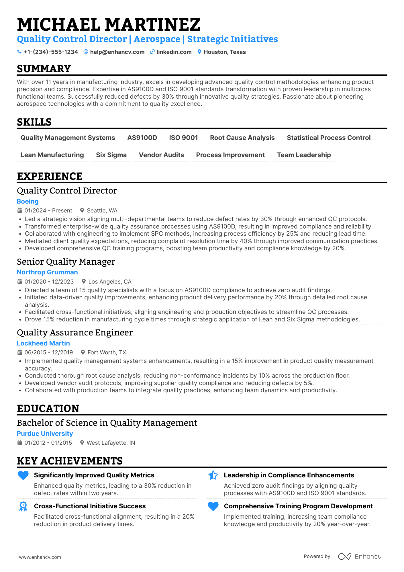 A resume example of a Quality Control Director