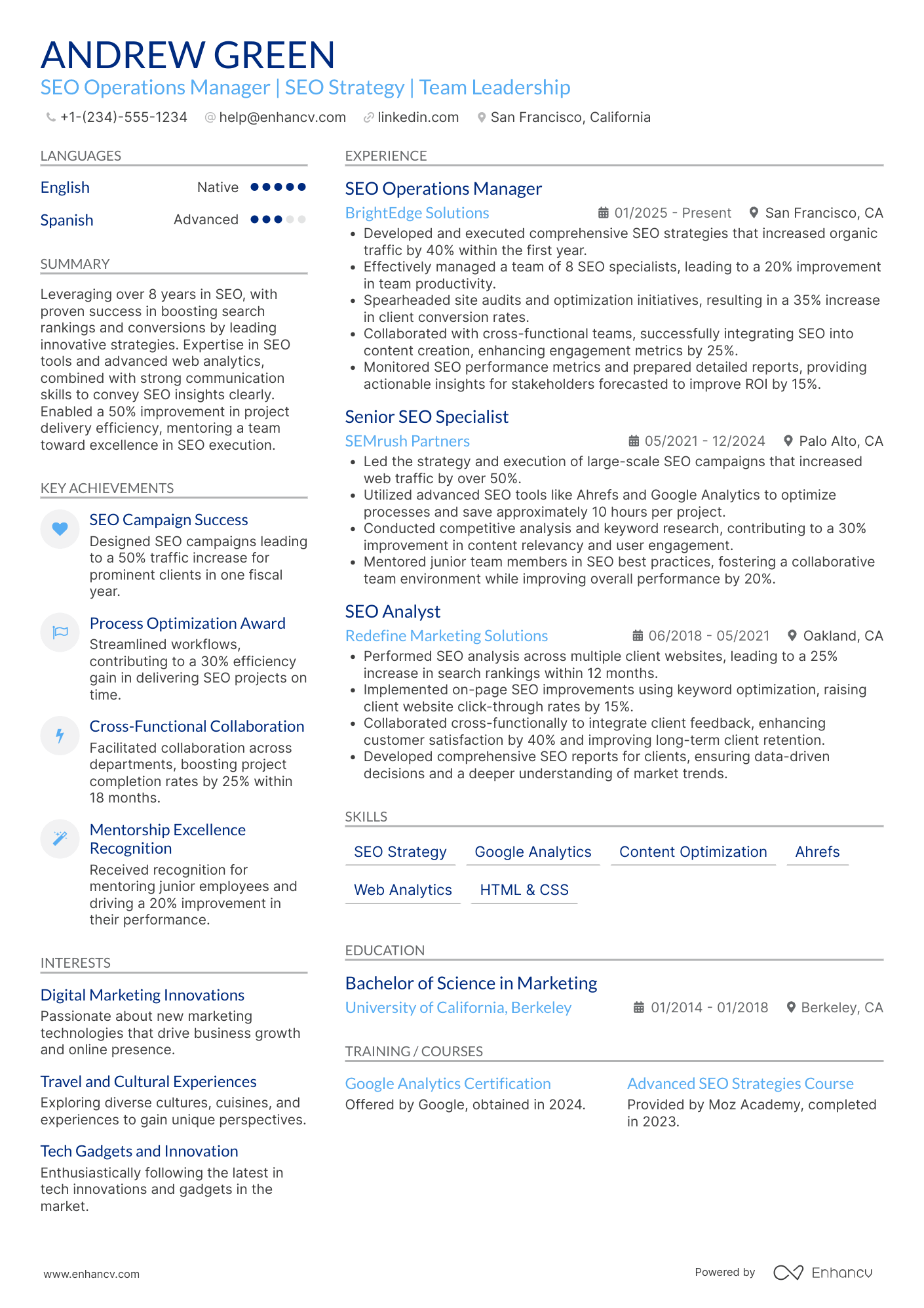 A resume example of a SEO Operations Manager