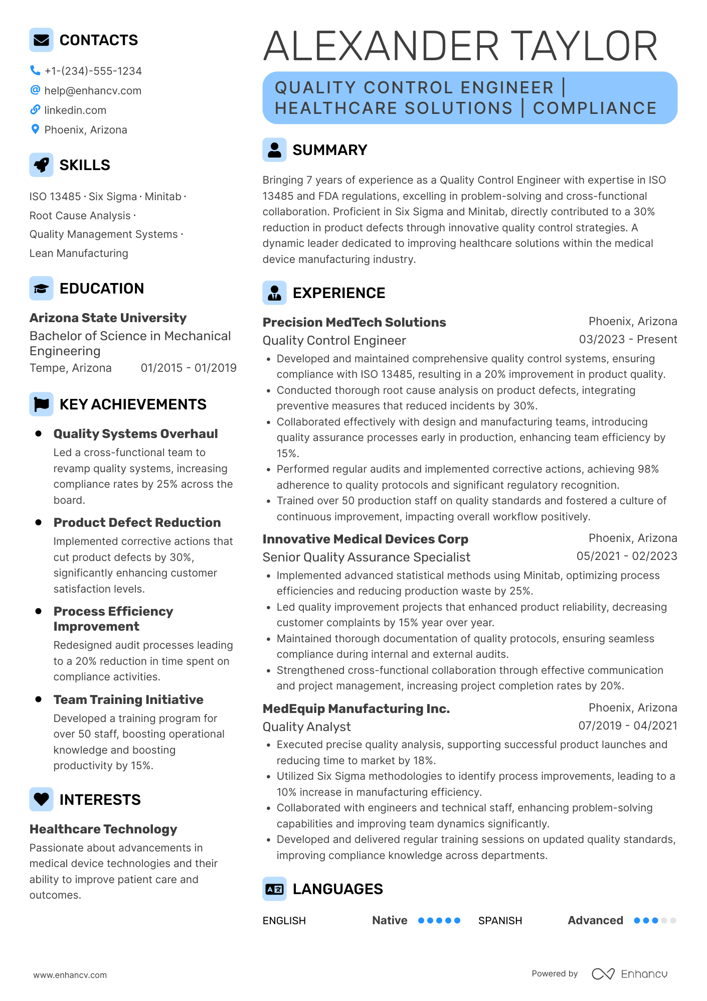 A resume example of a Quality Control Engineer