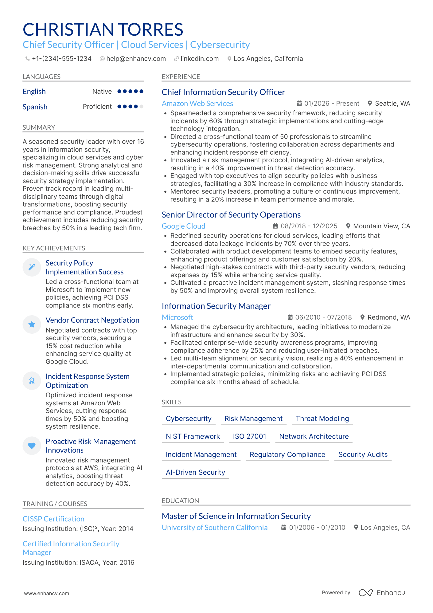 A resume example of a Chief Security Officer