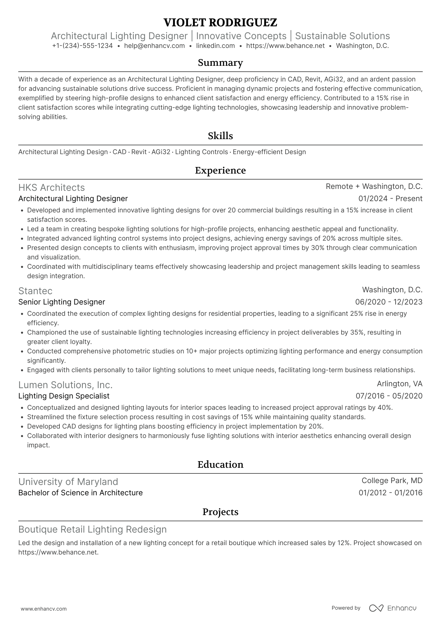 A resume example of a Architectural Lighting Designer