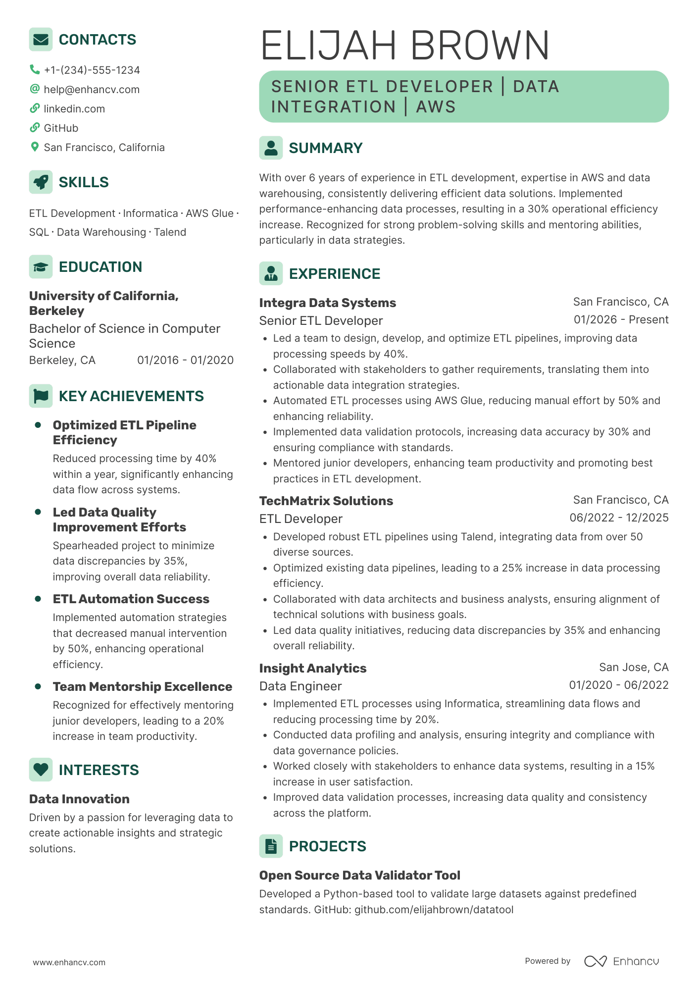 A resume example of a Senior ETL Developer