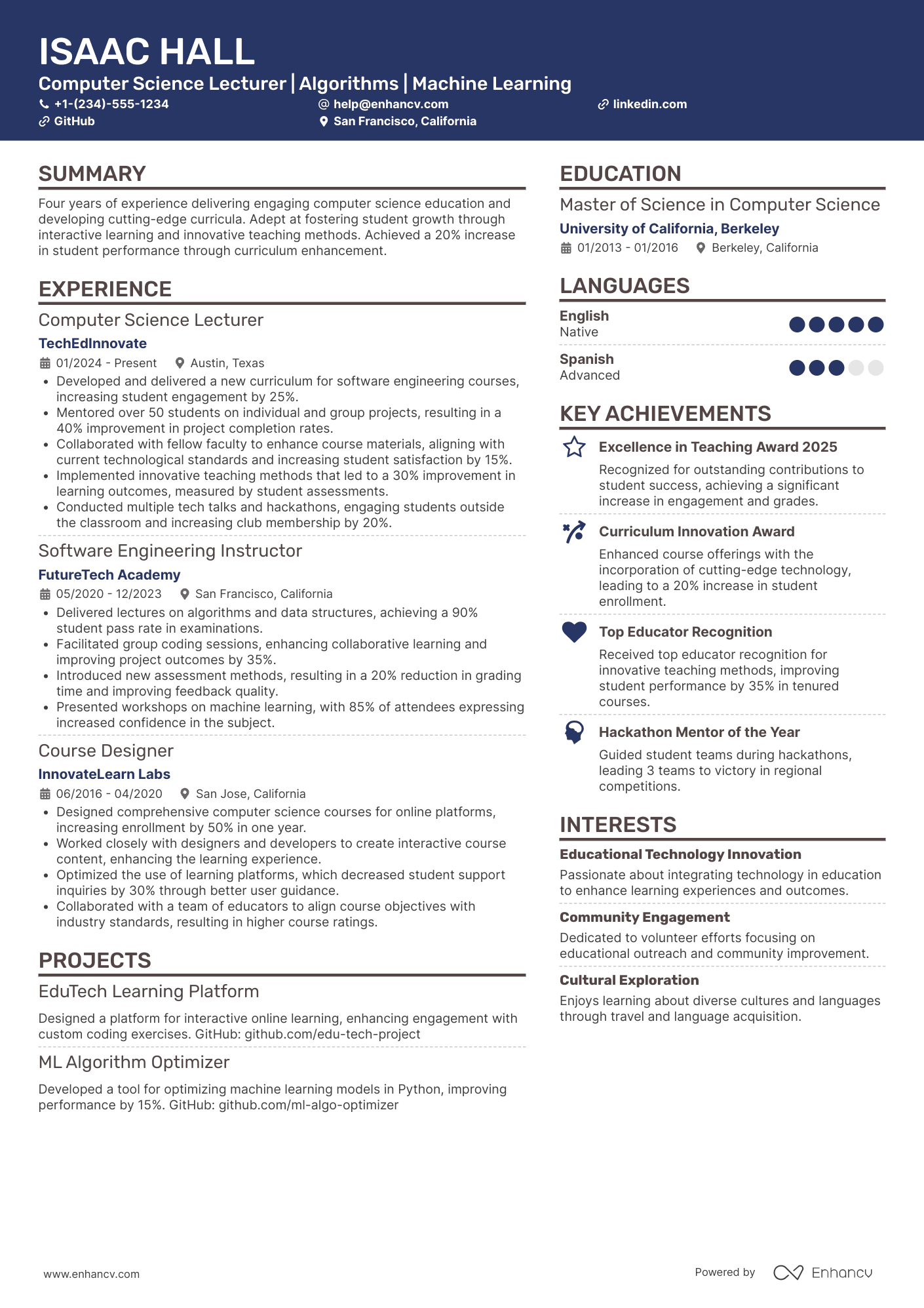 A resume example of a Computer Science Lecturer