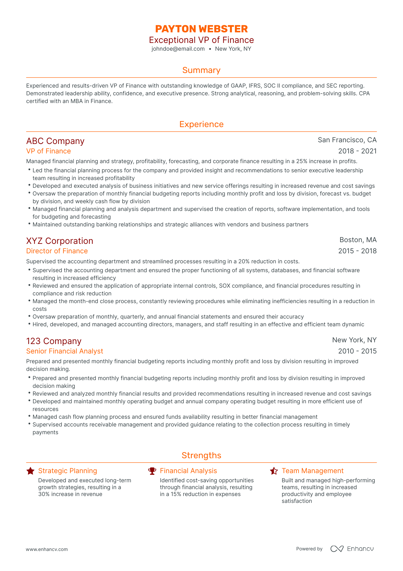 Traditional VP of Finance Resume Template
