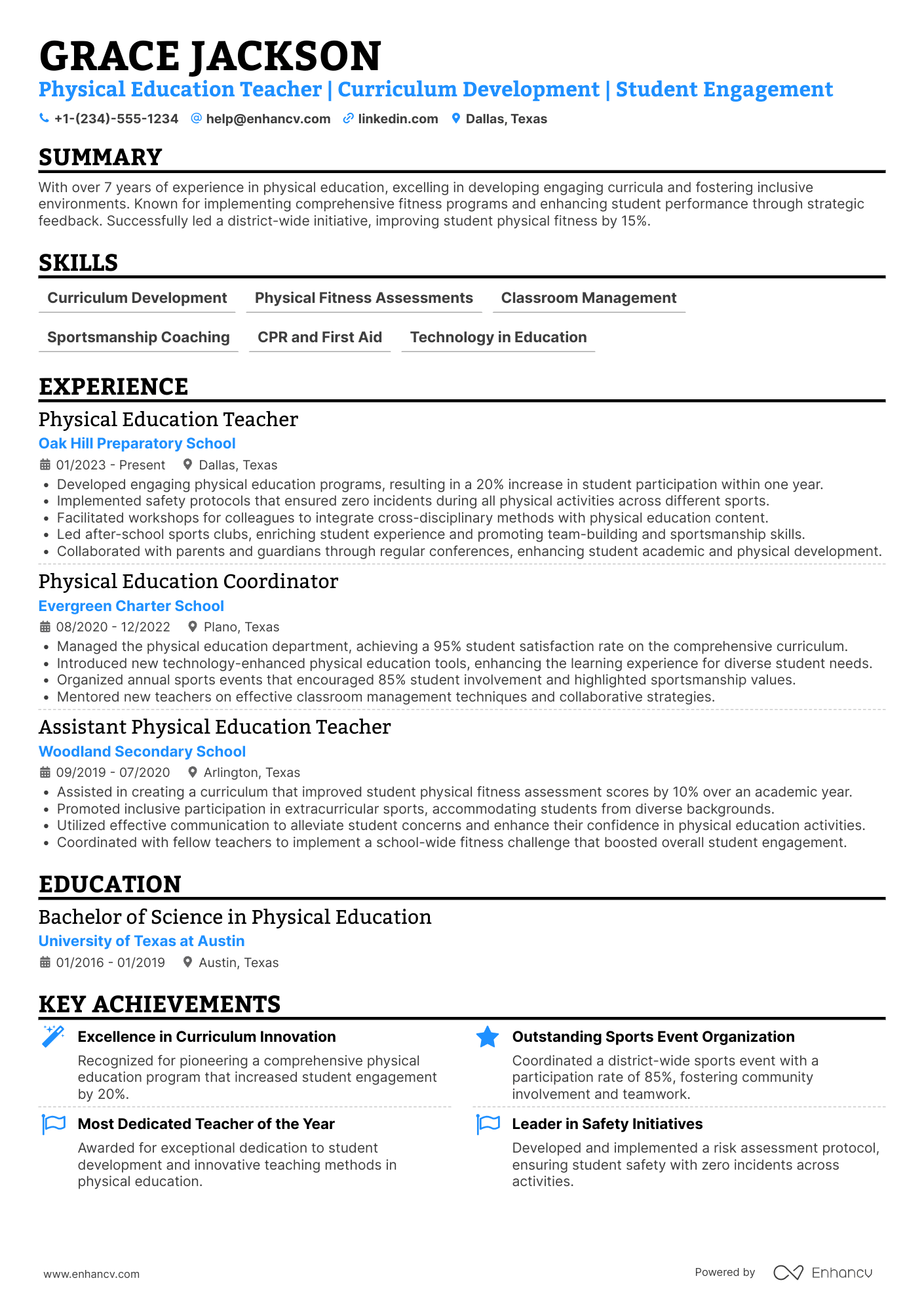 A resume example of a Physical Education Teacher