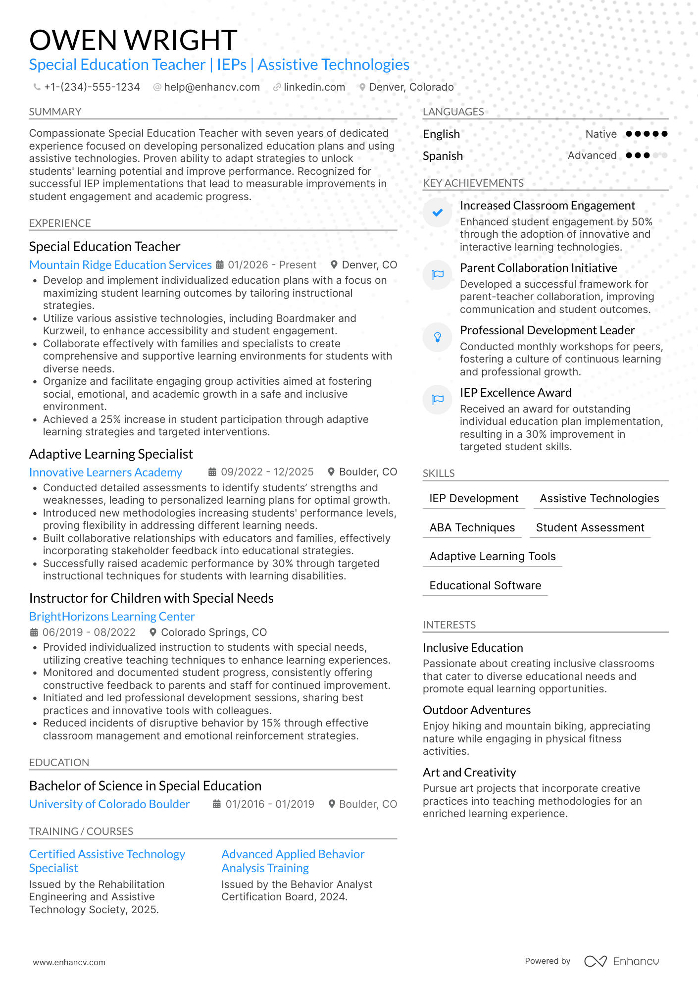 A resume example of a After School Special Education Teacher