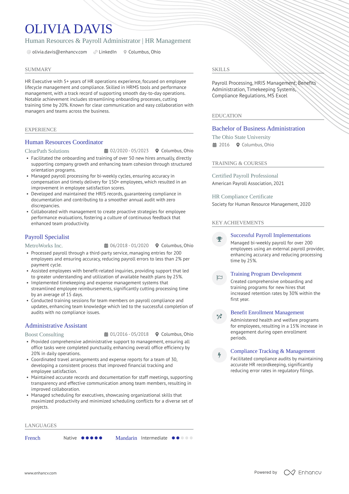 A resume example of a HR Administrator