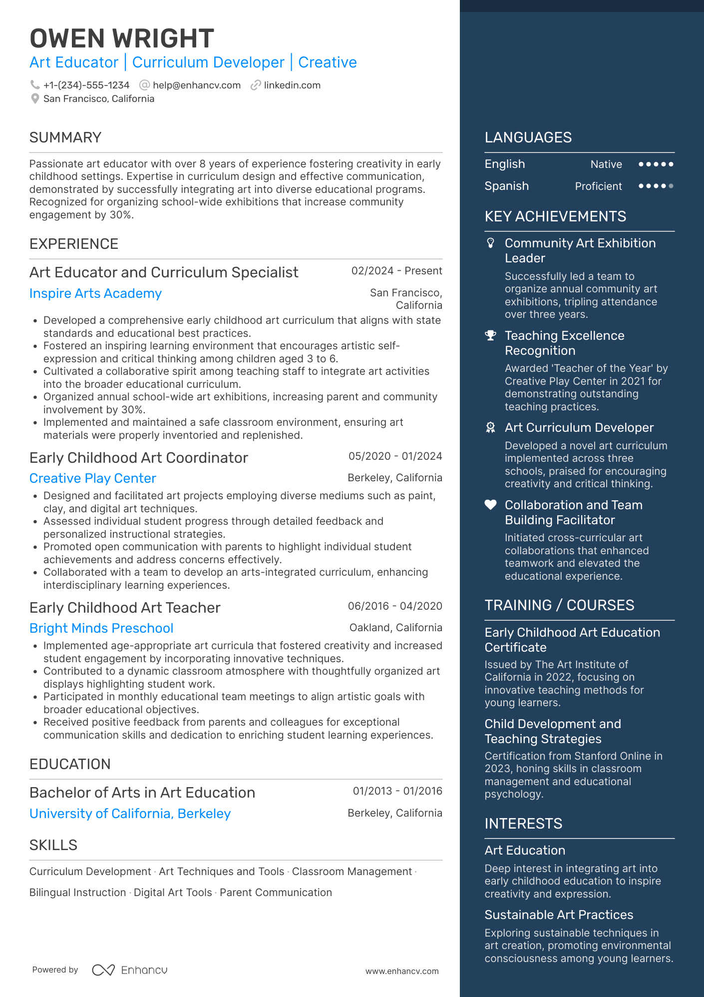 A resume example of a Early Childhood Art Teacher