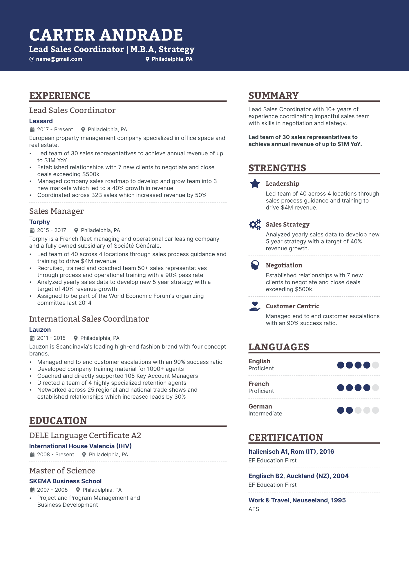A resume example of a Sales Coordinator