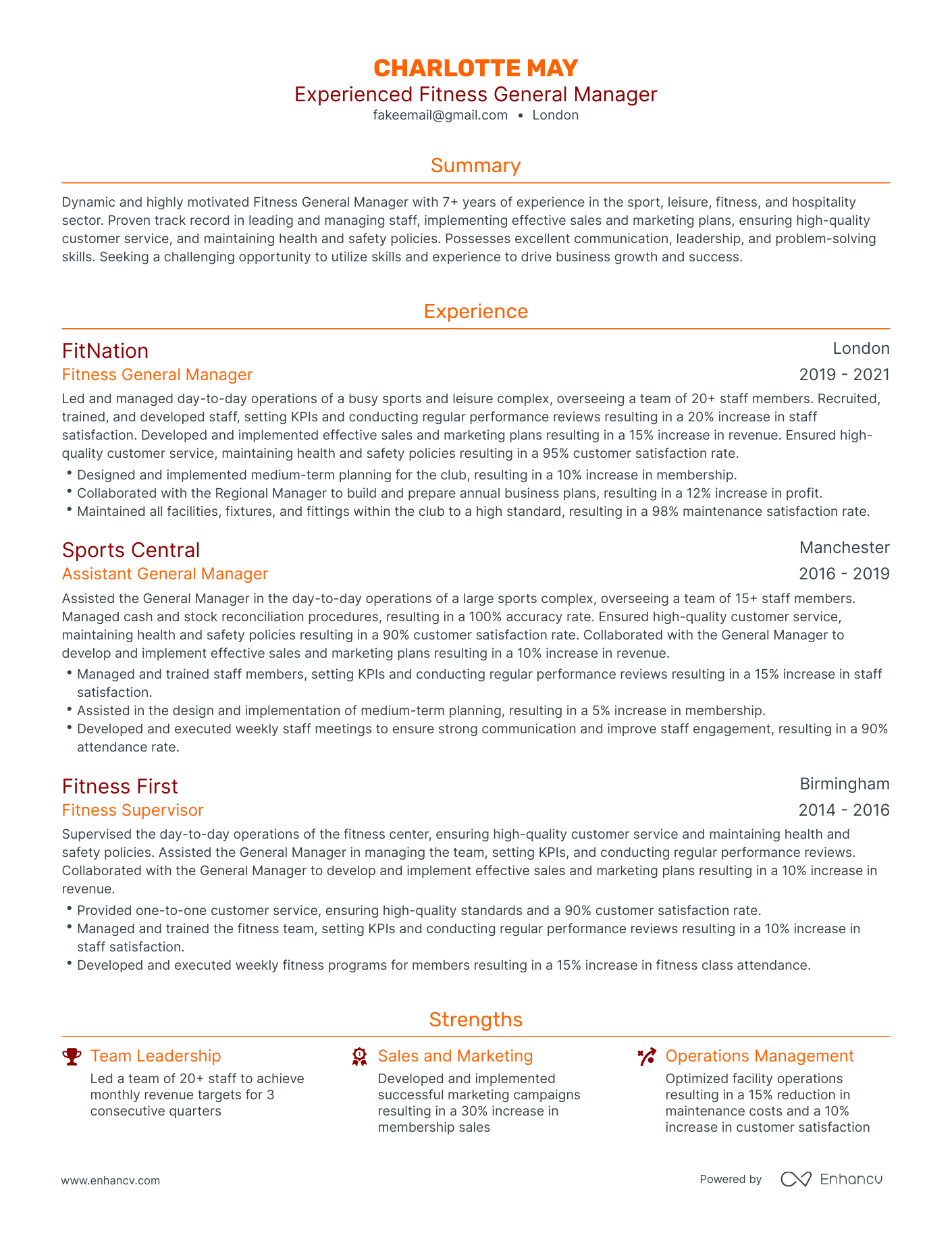 Traditional Fitness General Manager Resume Template