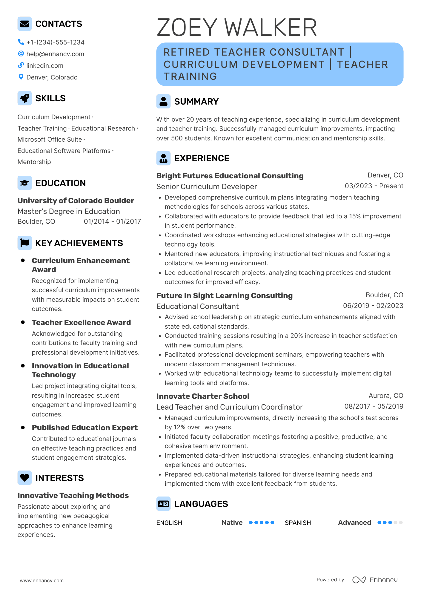 A resume example of a Retired Teacher