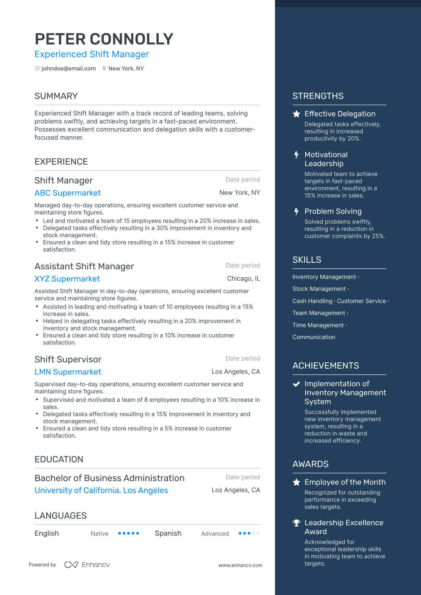 One Page Shift Manager Resume Template
