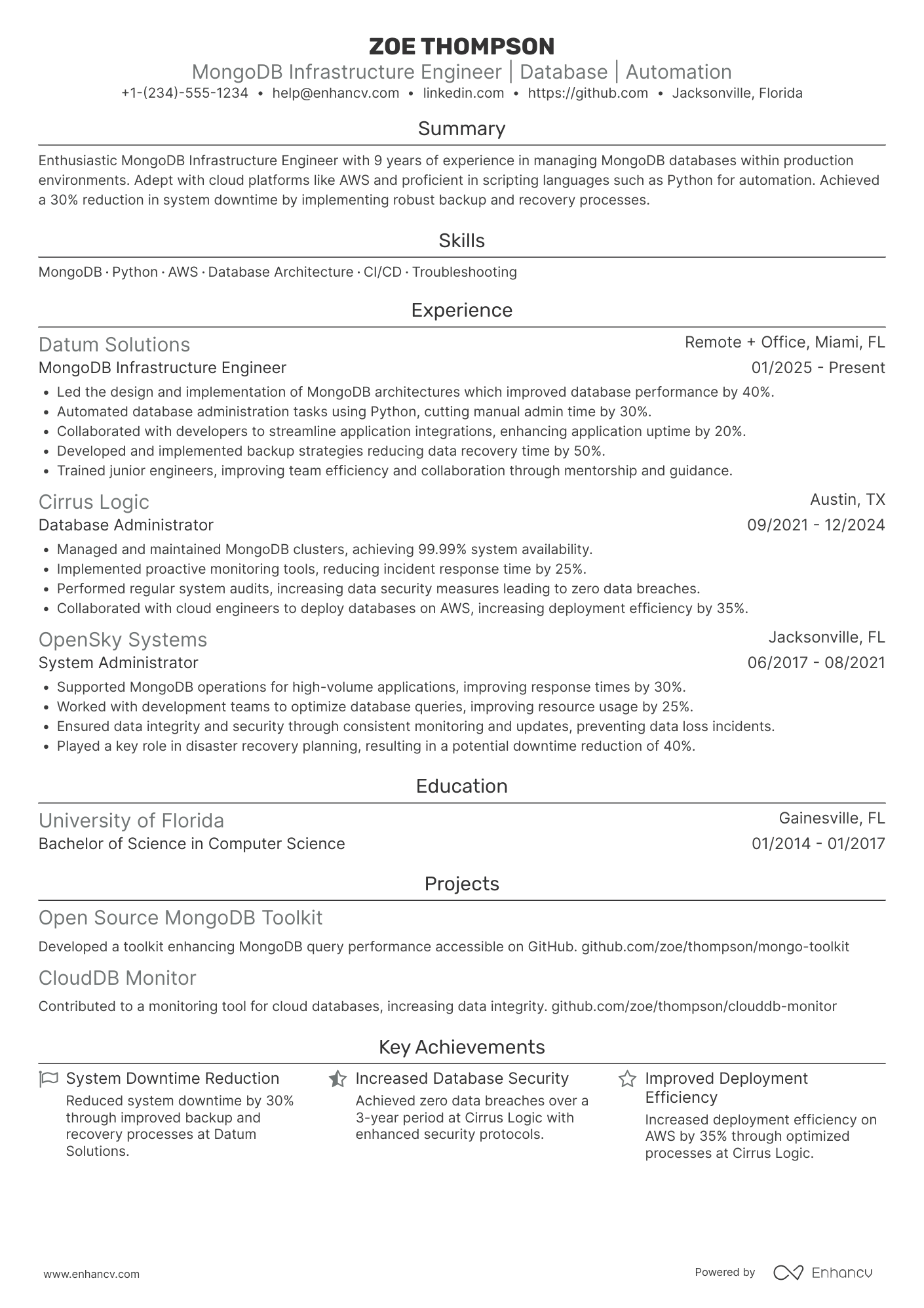 A resume example of a MongoDB Infrastructure Engineer
