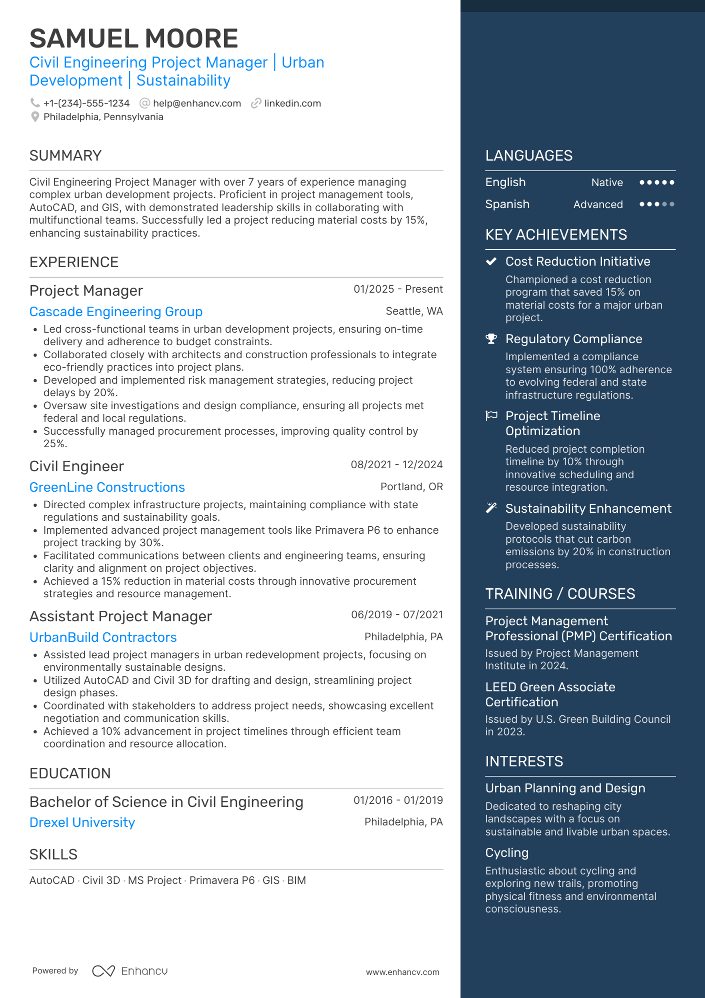 A resume example of a Civil Engineering Project Manager