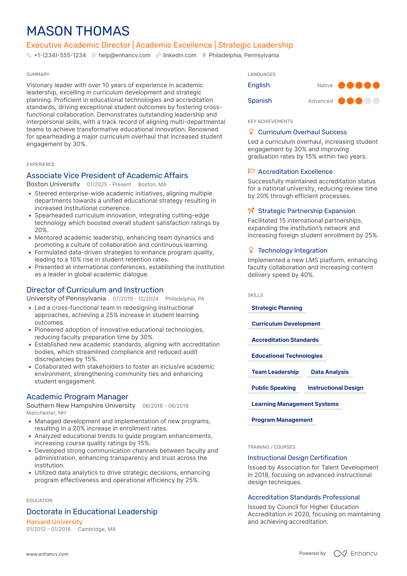 A resume example of a Executive Academic Director