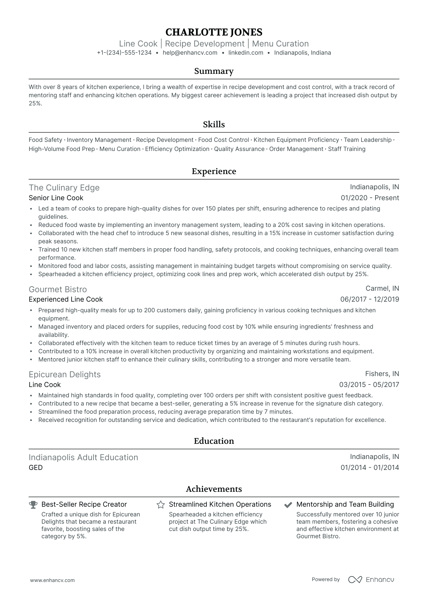 resume sample for line cook