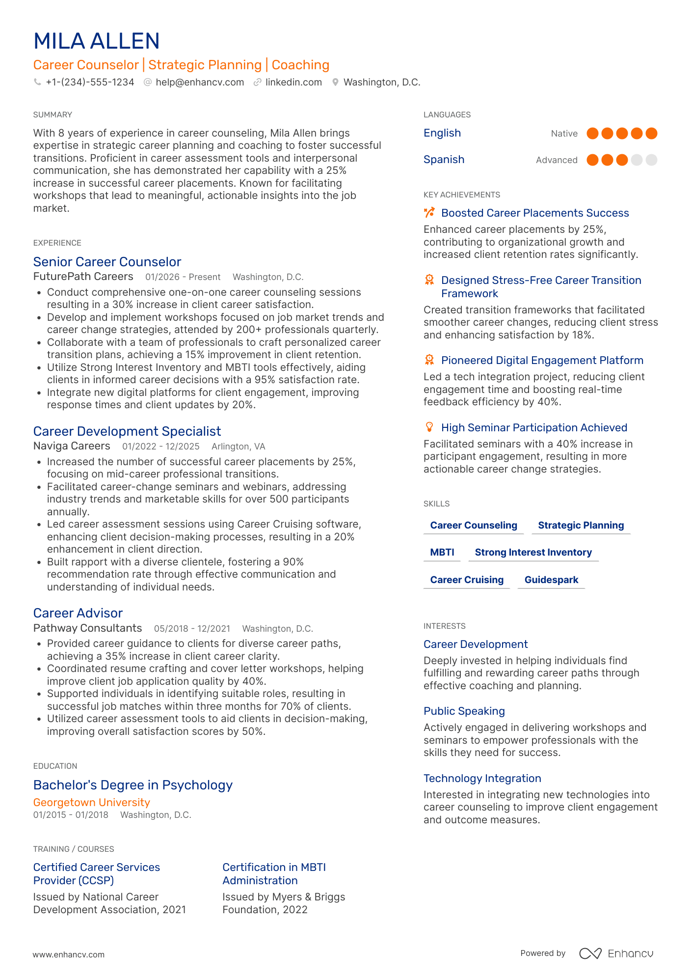 A resume example of a Career Change Counselor