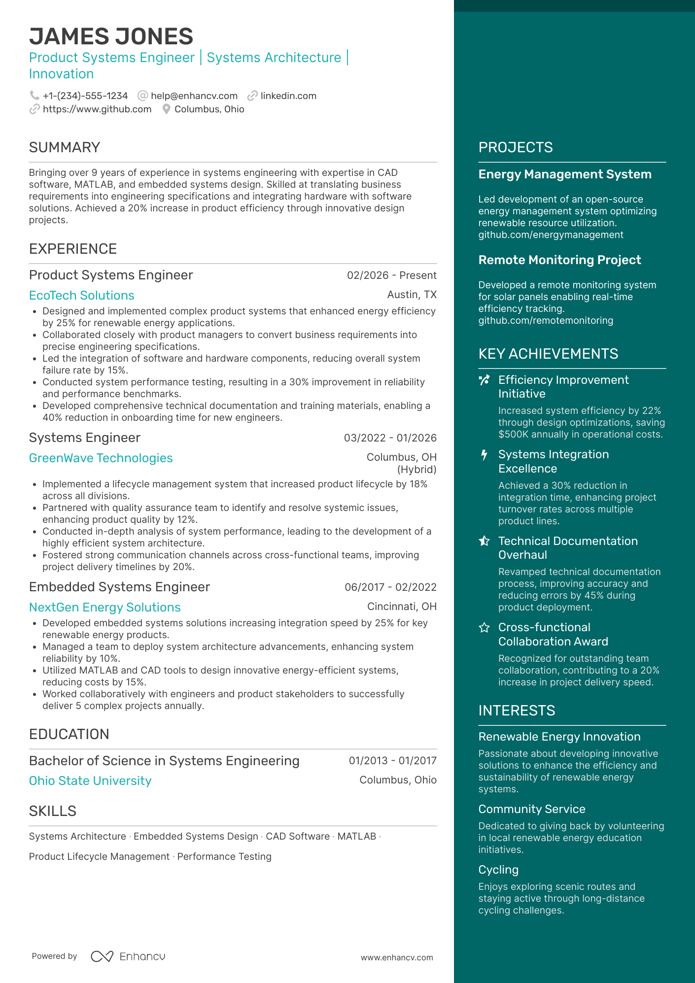 A resume example of a Product Systems Engineer