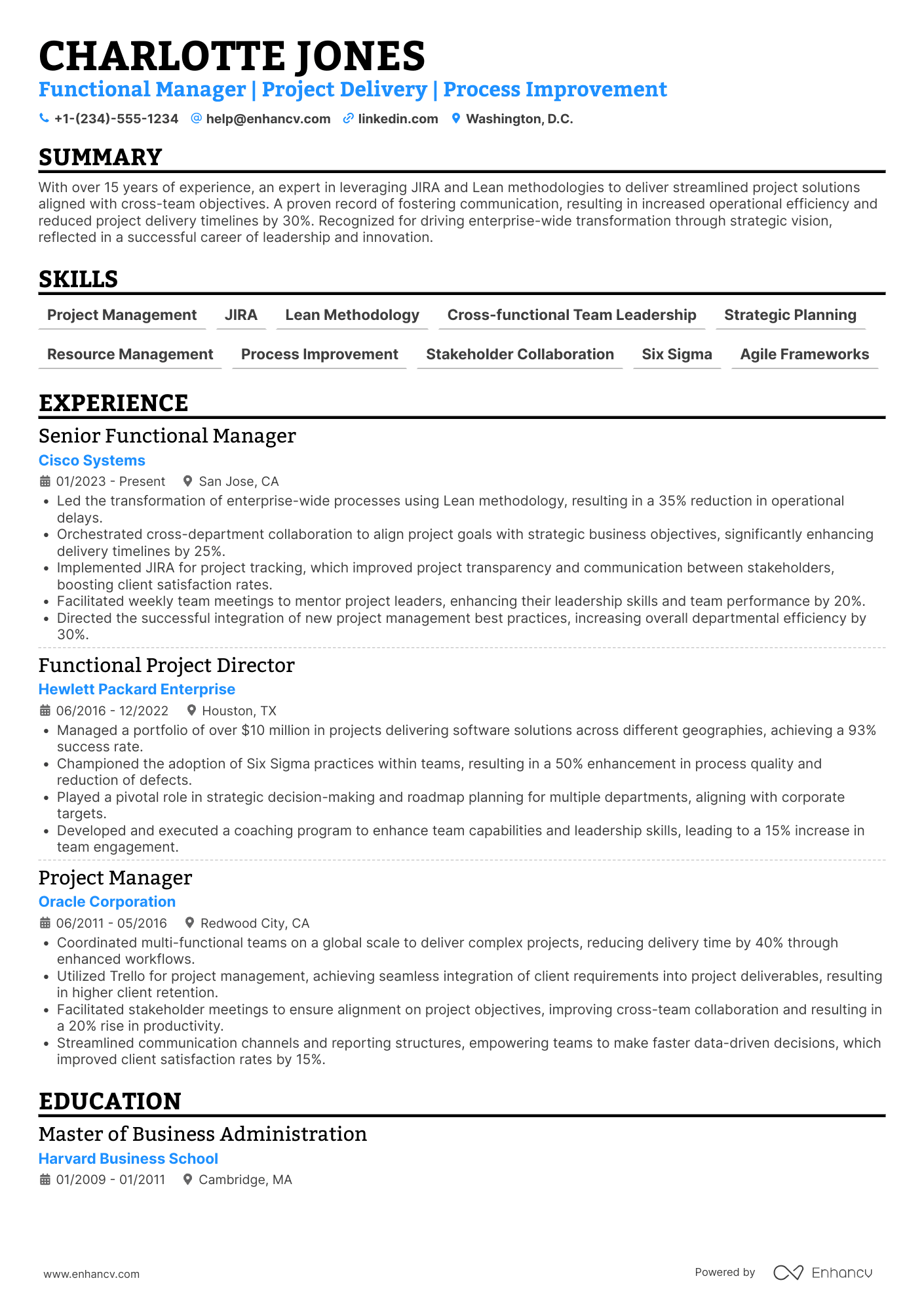 A resume example of a Functional Manager
