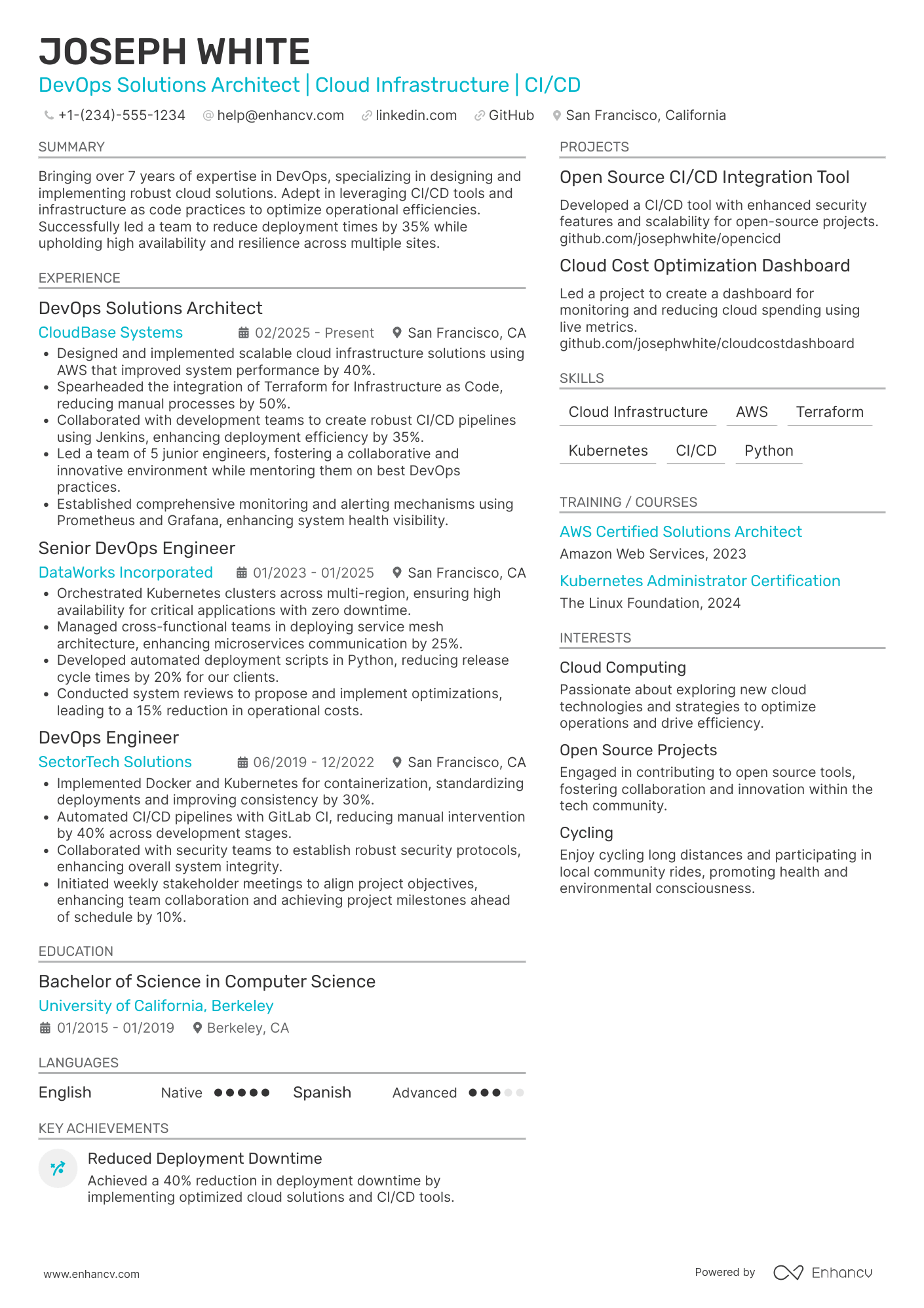 A resume example of a DevOps Solutions Architect