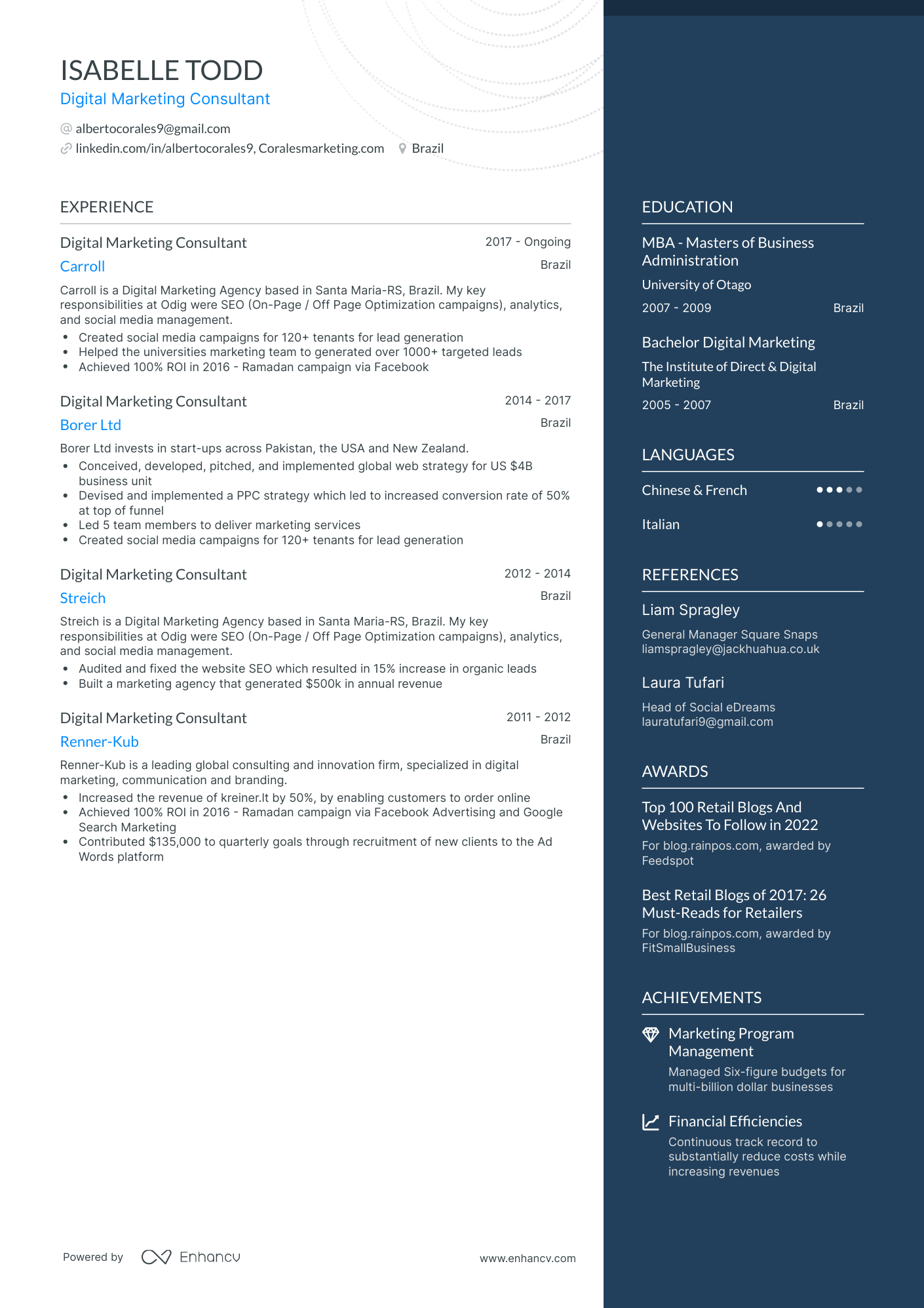 One Page Digital Marketing Consultant Resume Template